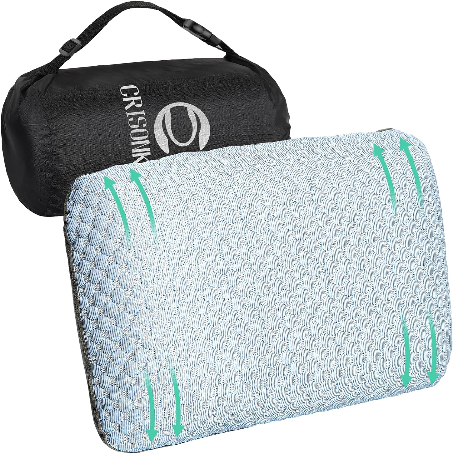 Detalle de Crisonky Travel and Camping Pillow – compressible medium firm memory foam with carry bag, cooling fabric & lumbar support