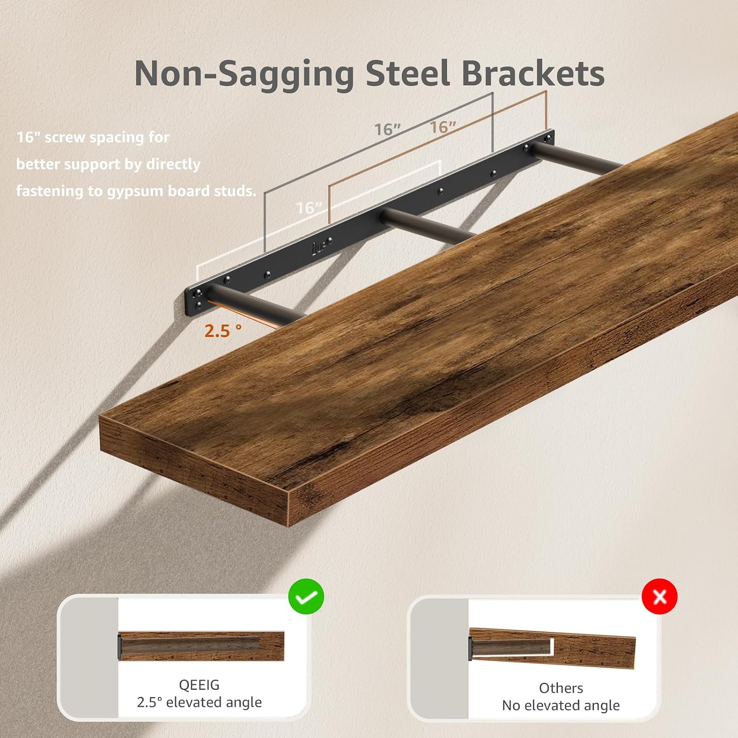 Detalle 2 de QEEIG Extra Long Floating Wall Shelves, Brown MDF, Set of 2