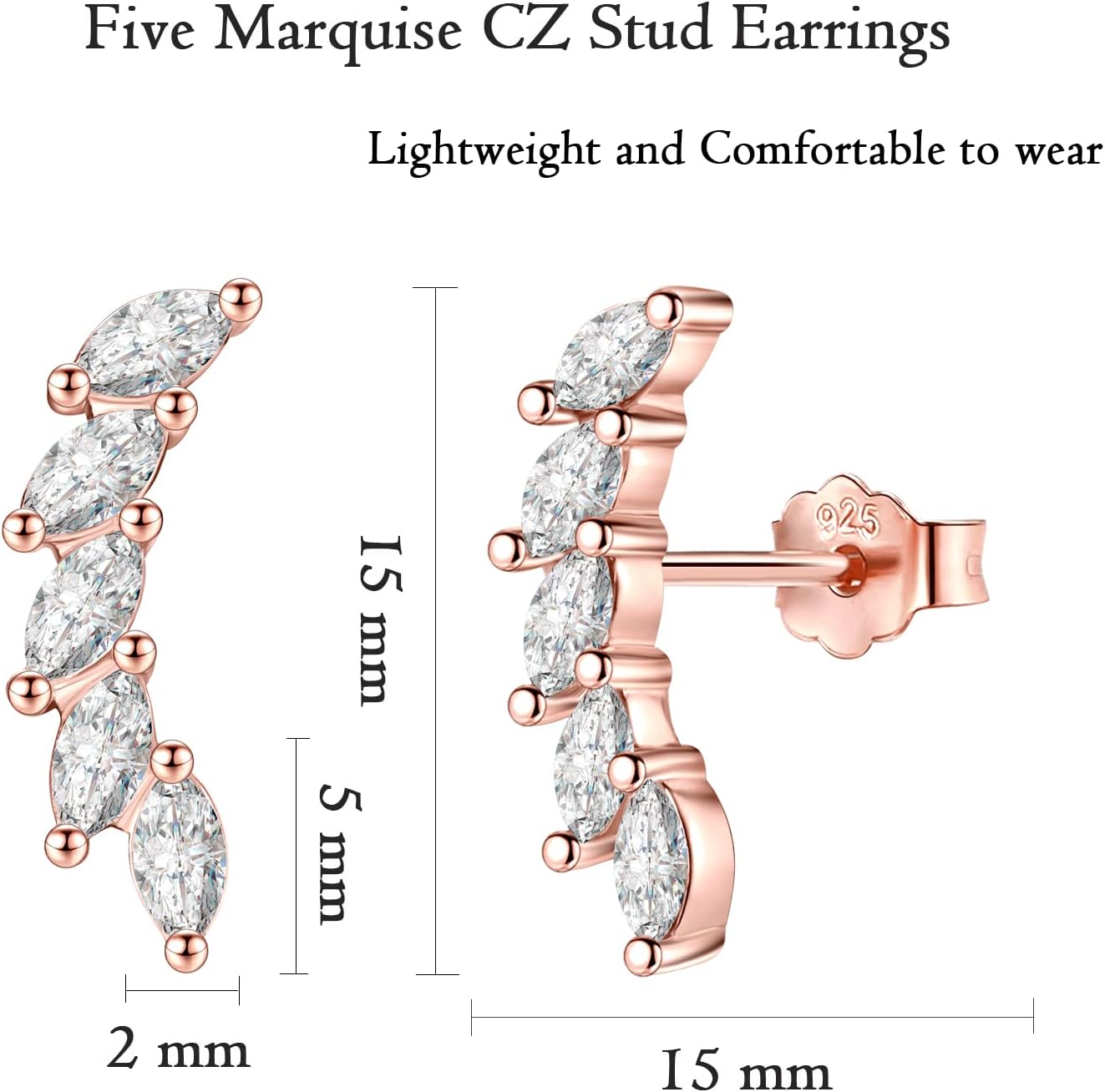 Detalle 2 de EPIRORA 5 CZ Silver Climber Earrings for Women – Curved Leaf Cluster