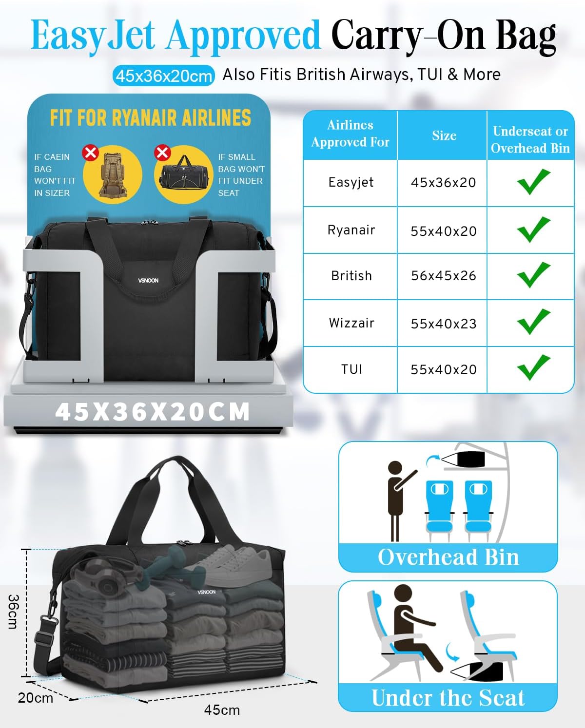 Detalle de VSNOON for Easyjet Cabin Bag 45x36x20, 32L Underseat Foldable Travel Hand Luggage – Black (L)