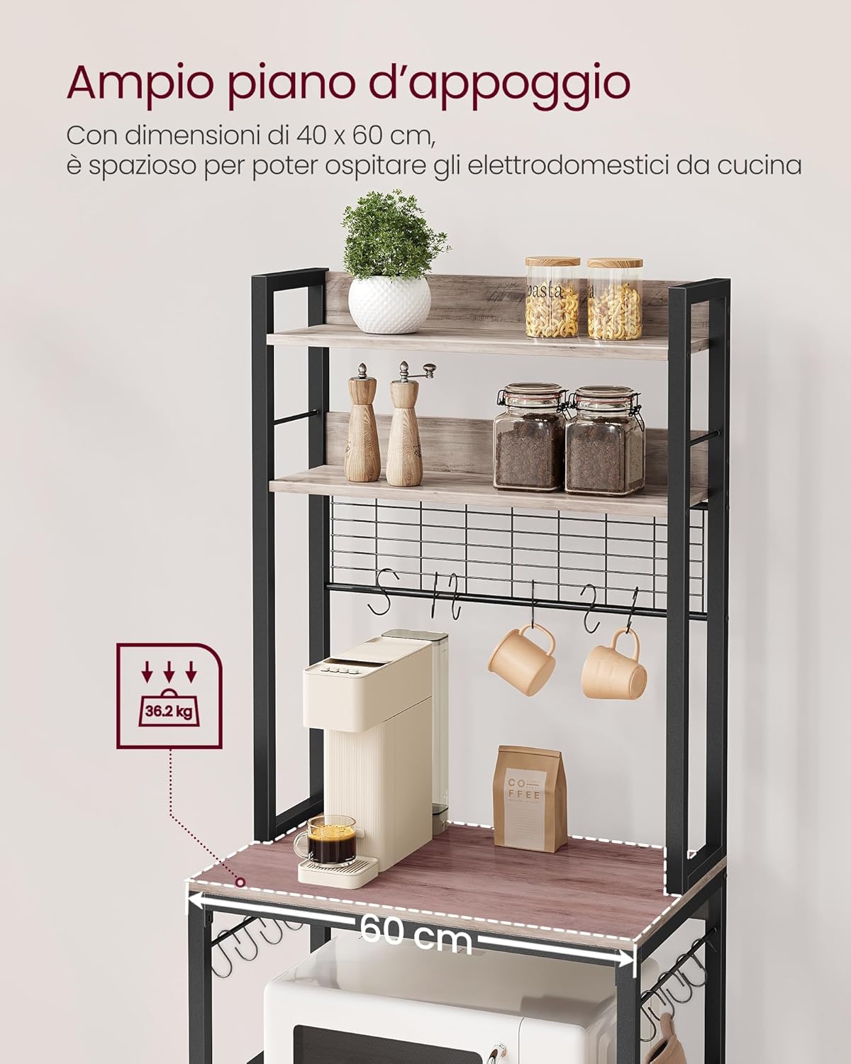 Thumbnail 5 de VASAGLE scaffale da cucina con multipresa e ganci KKS037B02EU, per microonde e organizzazione