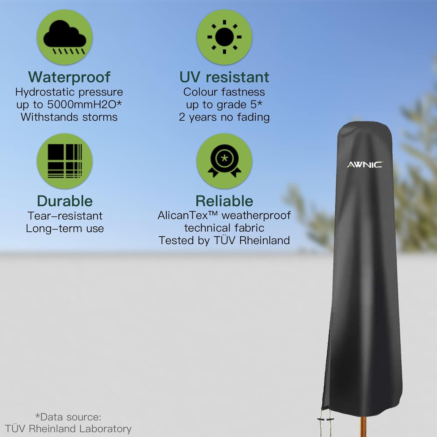 Thumbnail 2 de Awnic Heavy Duty Garden Parasol Cover (420D Oxford, waterproof with zip) – Black, fits up to 11ft