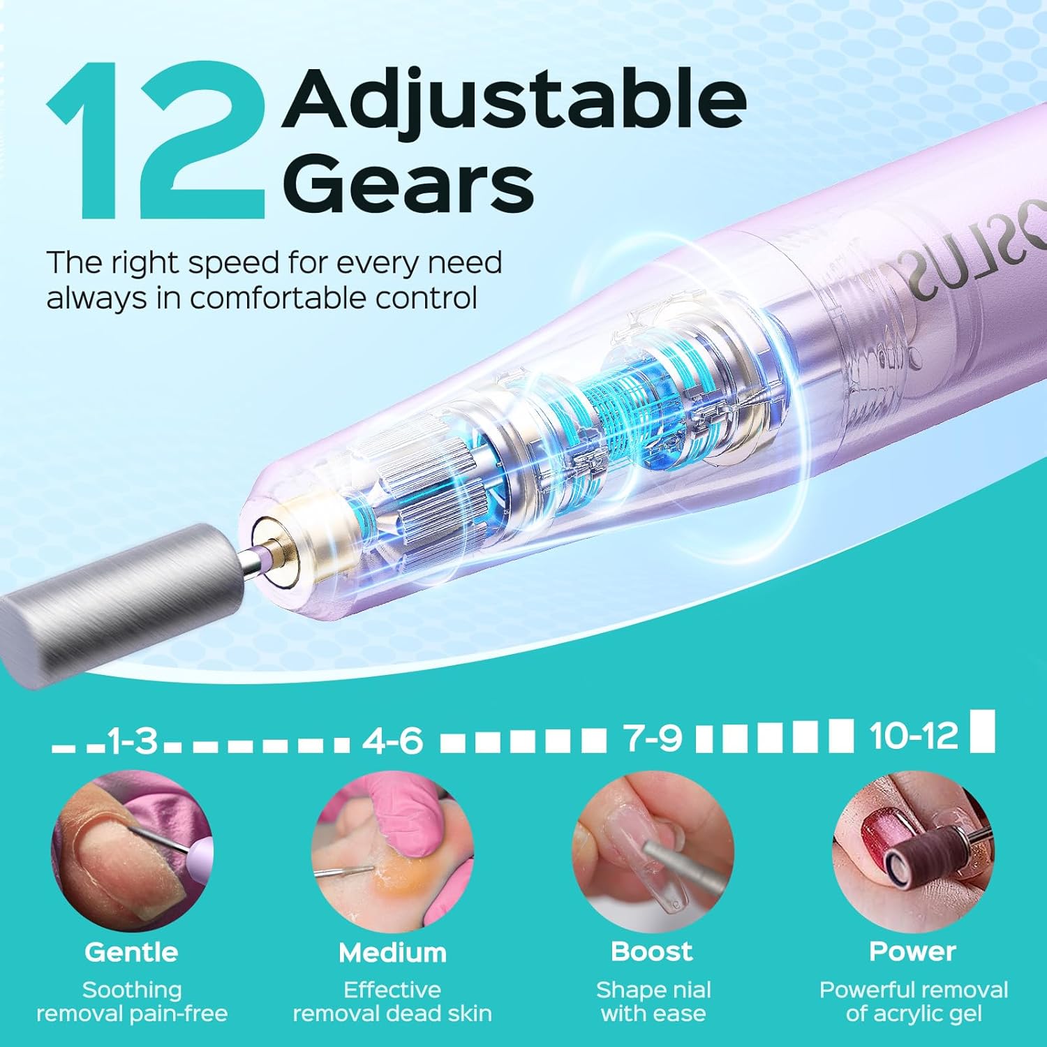 Detalle de COSLUS C50 Cordless Electric Nail Drill (12-Speed) with LED Display, Purple
