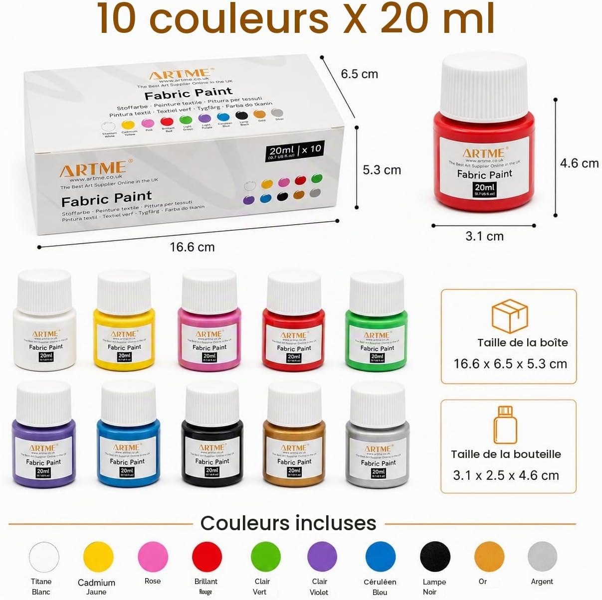 Detalle de ARTME textielverfset, 10 kleuren van 20 ml voor katoen en linnen