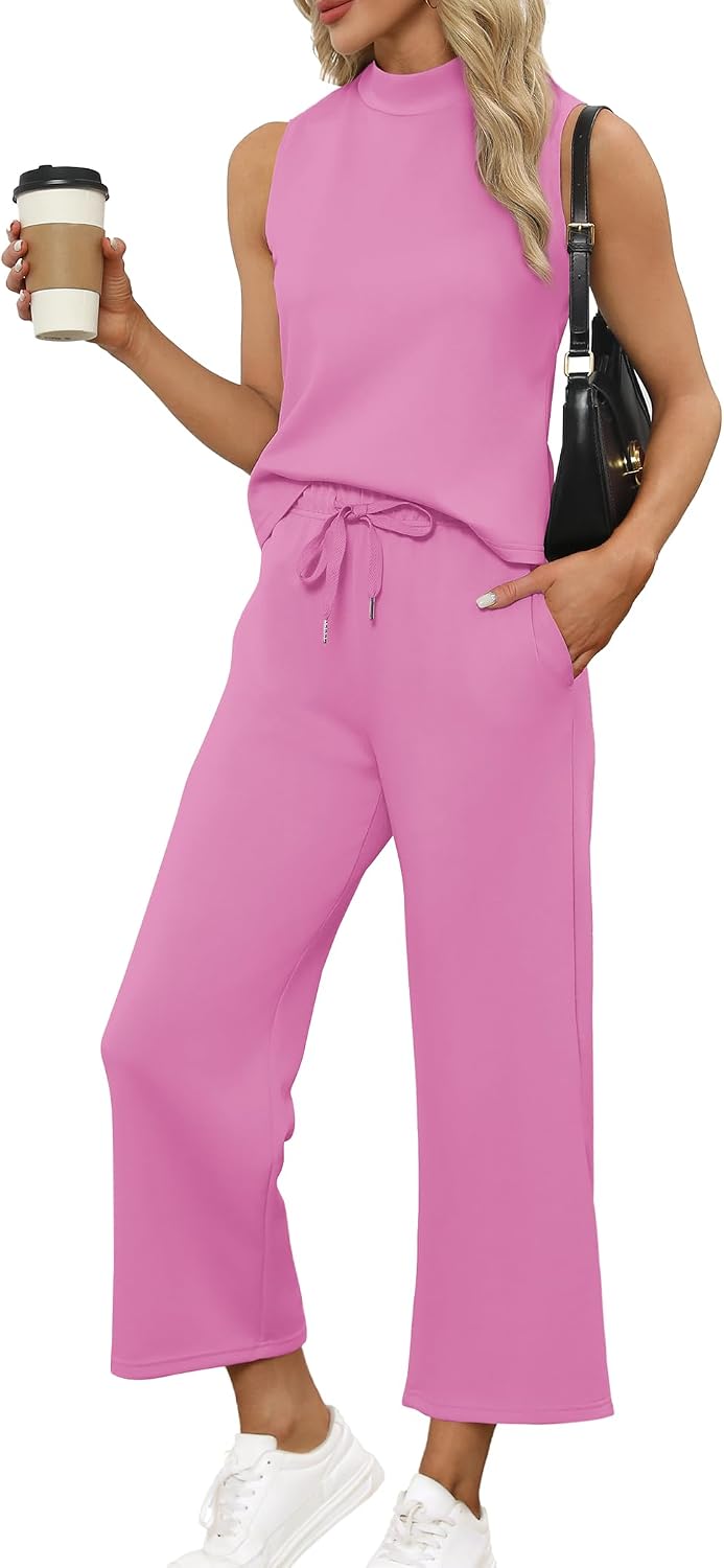 Detalle de SAMPEEL Two-Piece Women’s Summer Lounge Set with Mock Neck Top & Wide-Leg Crop Pants
