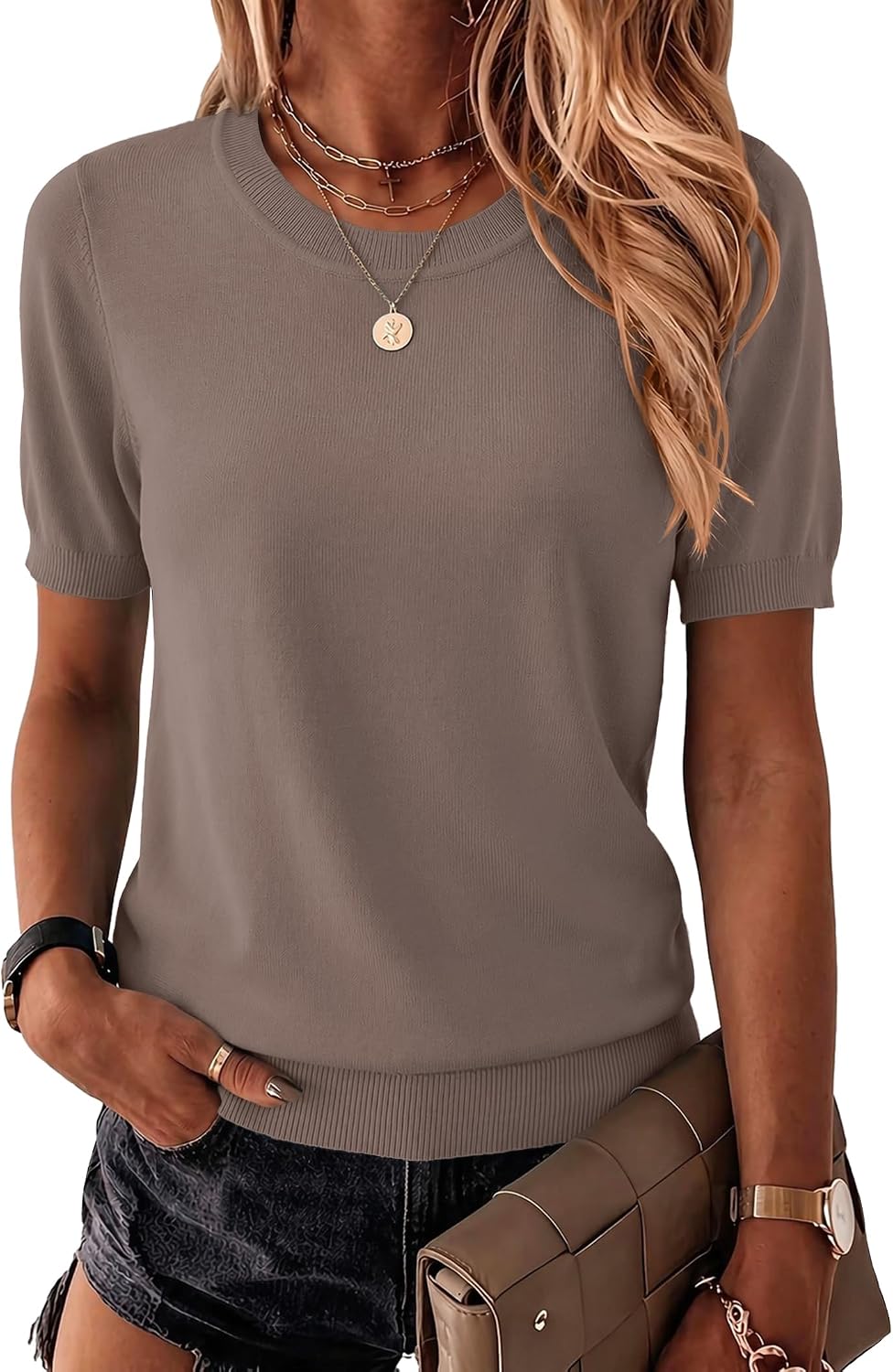 Detalle de Zeagoo Women's Short-Sleeve Sweater, Crewneck 100% Viscose Ribbed Knit