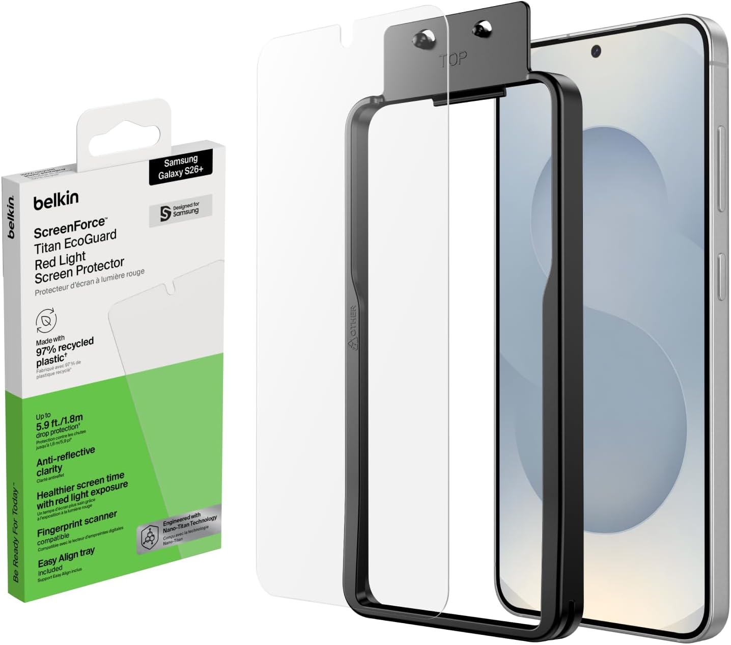 Detalle 2 de Belkin ScreenForce Titan EcoGuard skärmskydd för Galaxy S26 Ultra med rött ljus