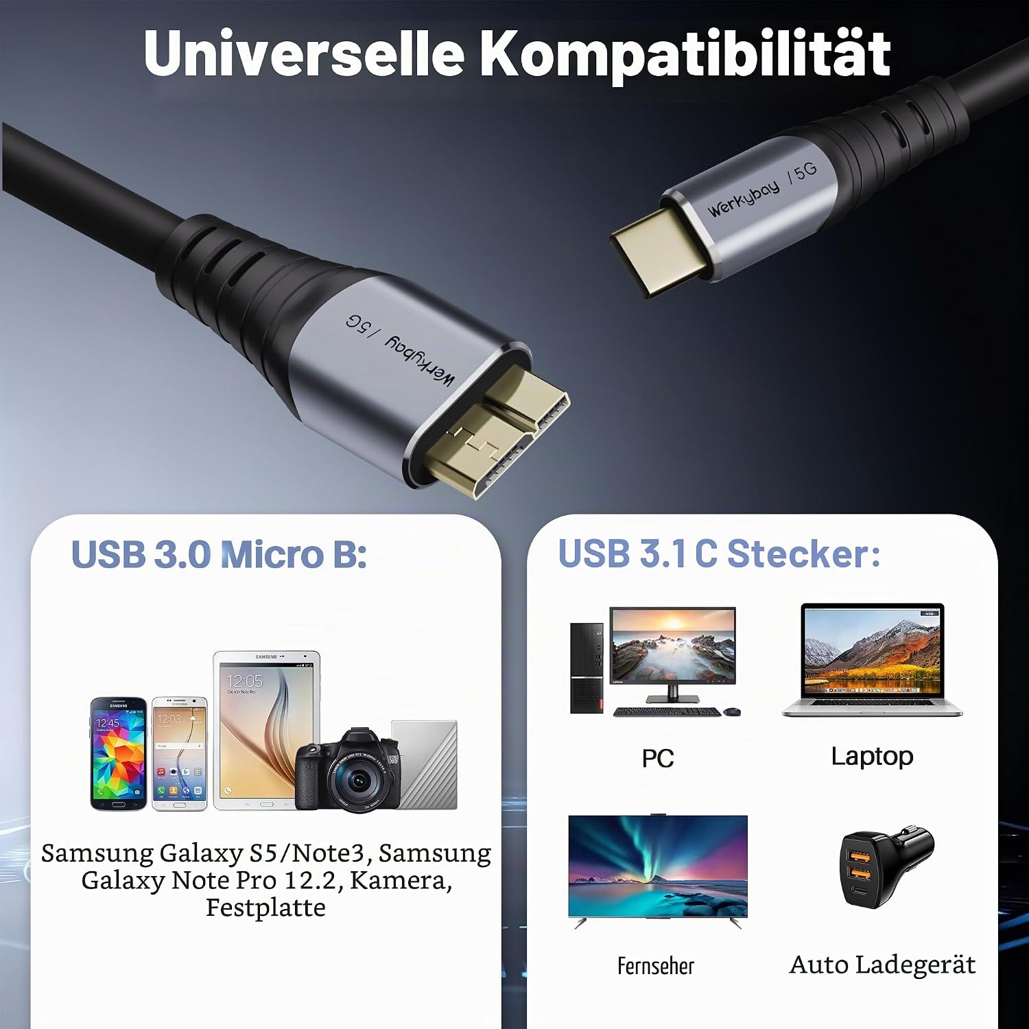 Detalle de Werkybay Micro B 3.0 auf USB C Kabel 2m – robustes USB 3.0 Micro-B zu USB-C Ladekabel