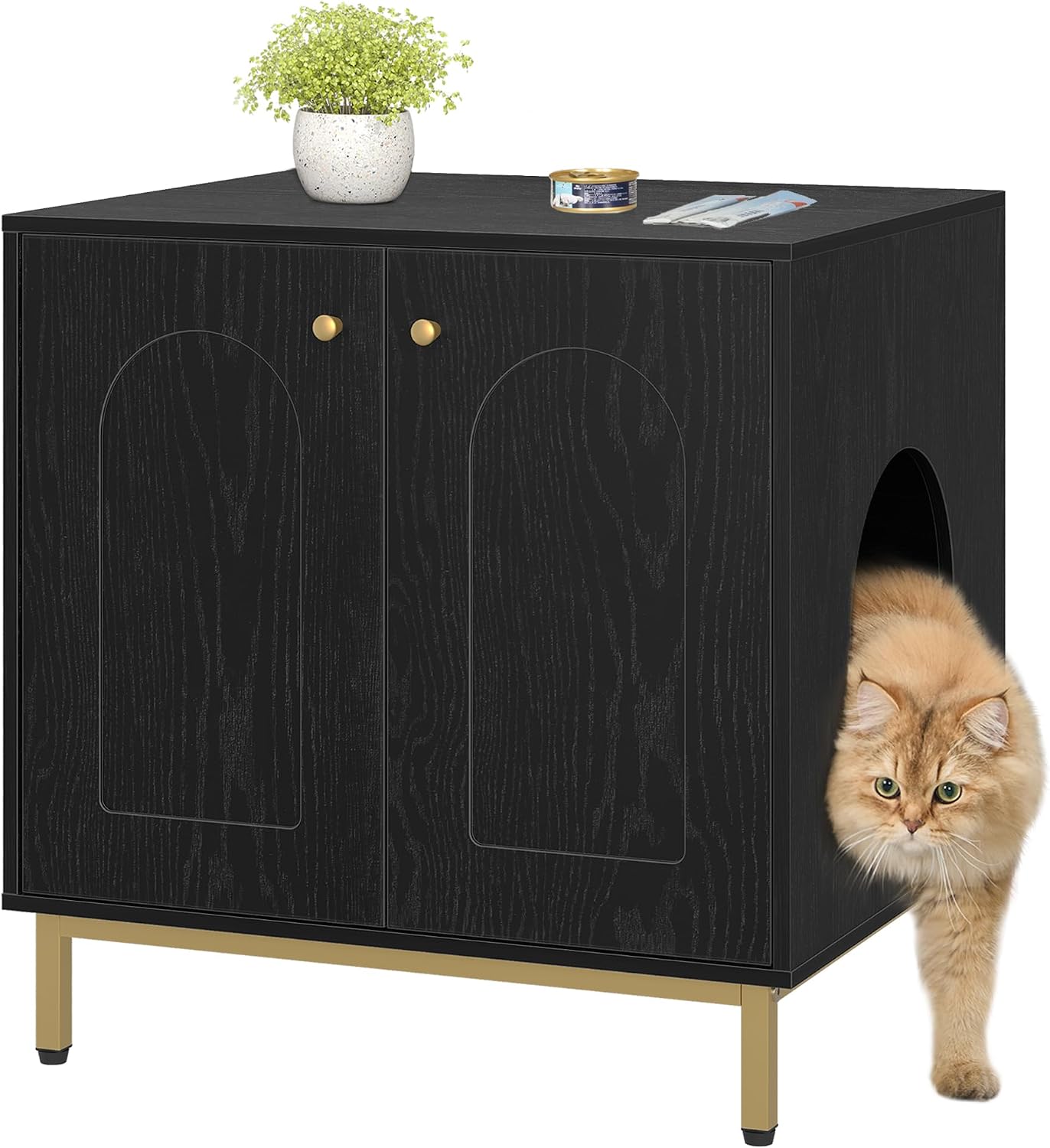 Detalle de Hzuaneri Katzenschrank CB81204G – Katzentoilette, Katzennest & Beistelltisch in Schwarz/Gold