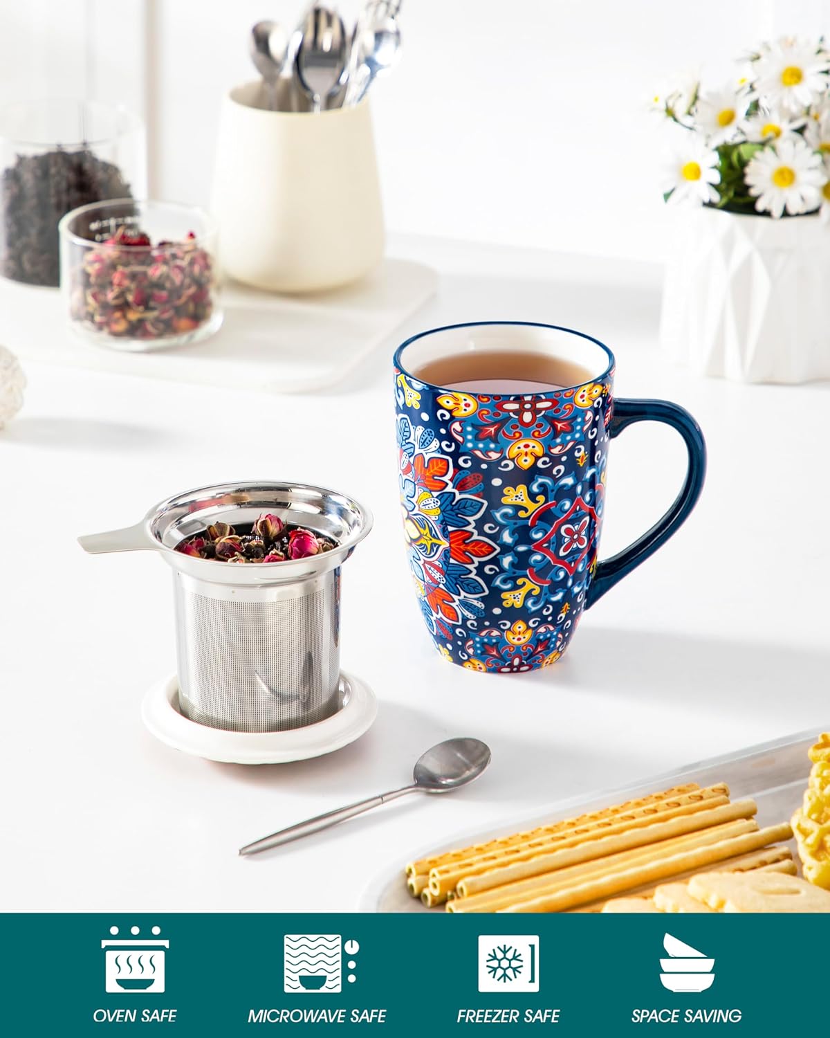 Detalle 2 de vancasso Ceramic Tea Mug with Infuser and Lid (18 Ounce) — Royal-Crimson Flourish