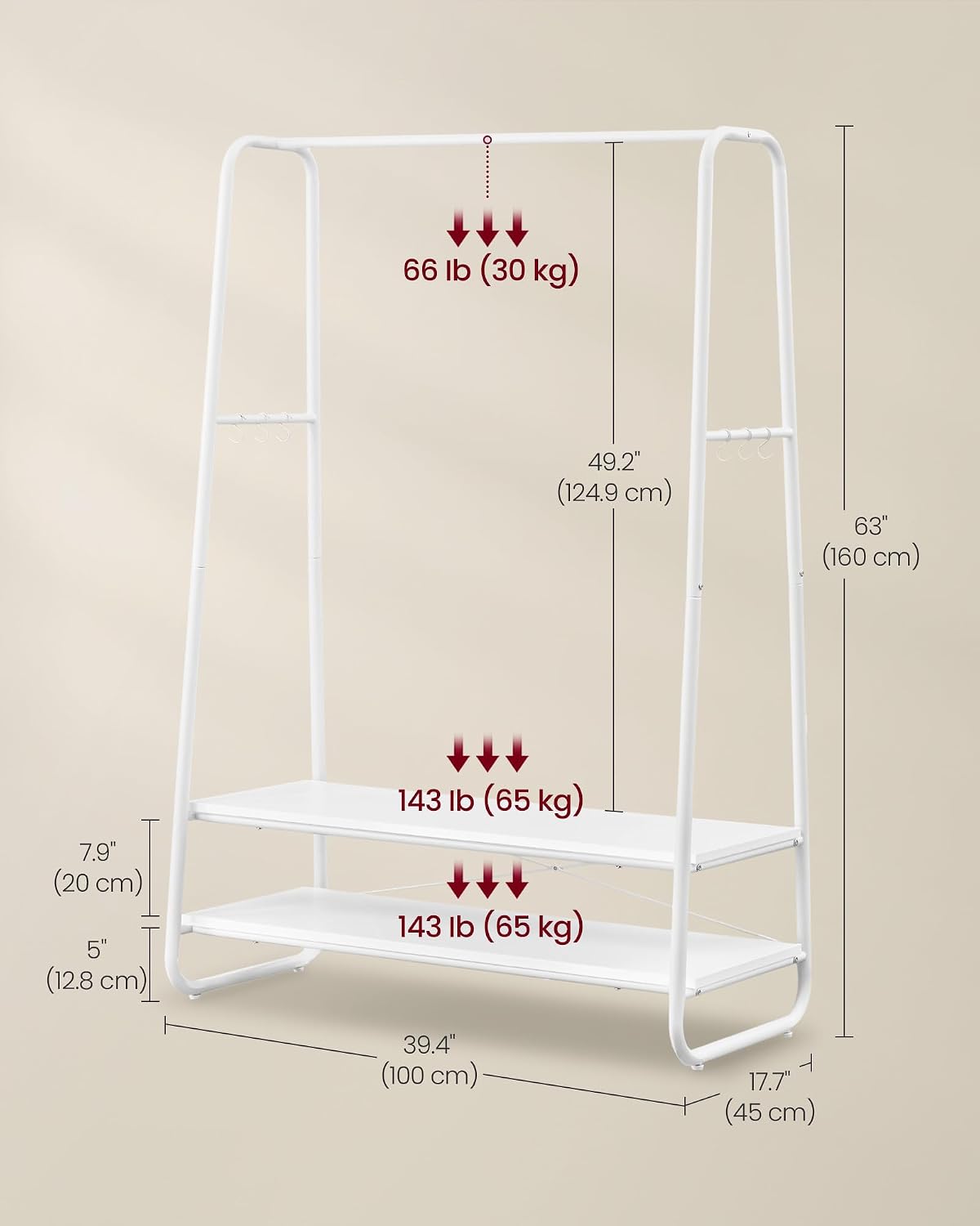 Detalle de VASAGLE COLTEN RGR112W02 Clothes Rail, 2 Shelves and 6 Hooks