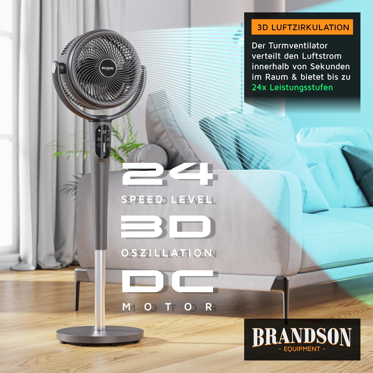 Detalle de Brandson 3D Standventilator mit ECO DC Motor – extrem leise, 24 Geschwindigkeiten und flexible Oszillation