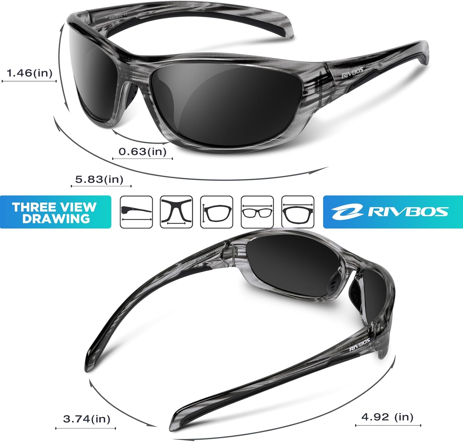Detalle 2 de RIVBOS RB832 Sonnenbrille – Polarisierte TR90 Sportbrille für Damen und Herren, UV400, ultraleicht