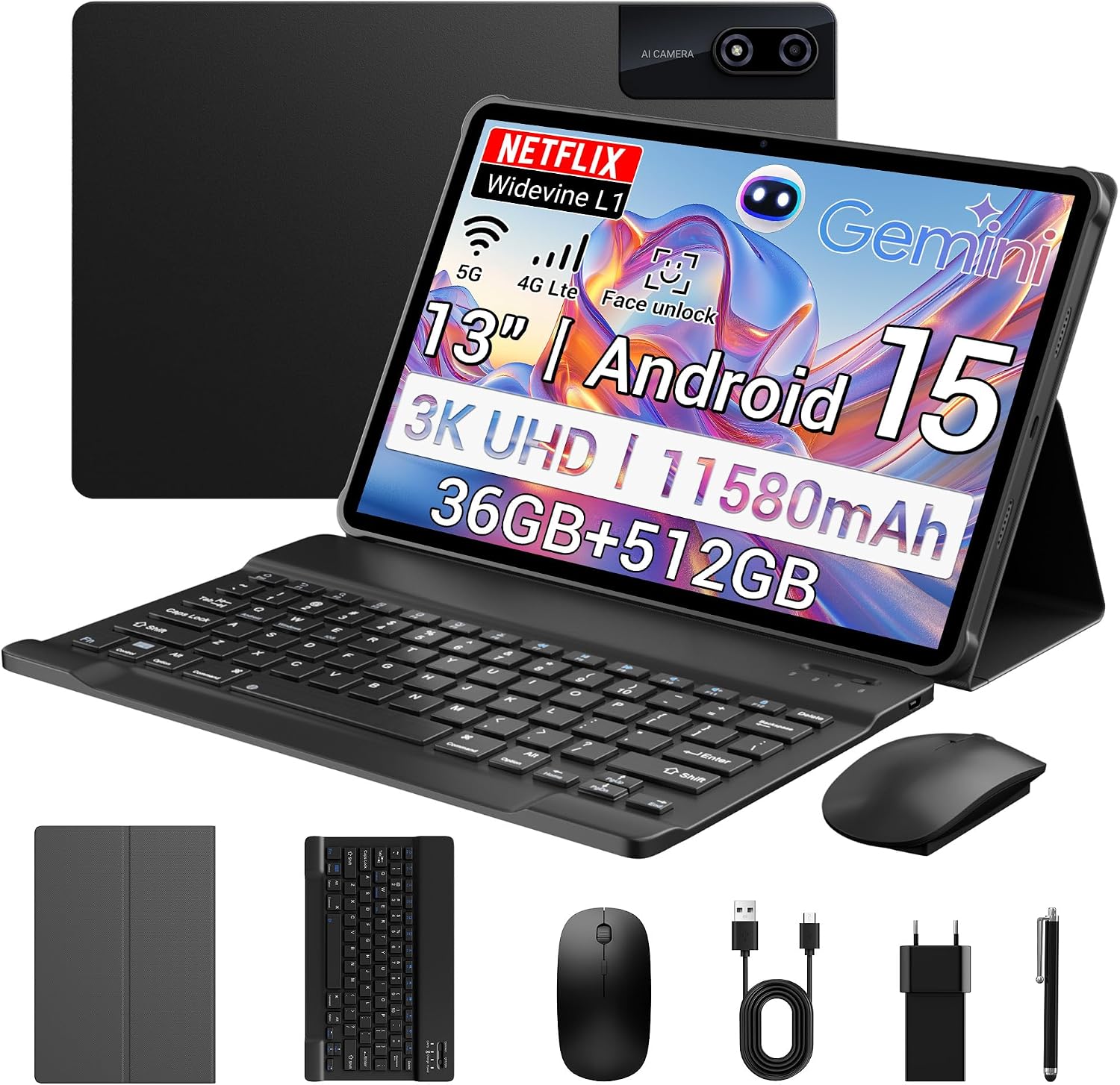 Detalle de PIXGOOD 3K 13-Zoll Tablet mit Android 15, 36 GB RAM, 512 GB ROM, 2 TB Erweiterung – 4G LTE, WLAN, GPS, Quad-Lautsprecher