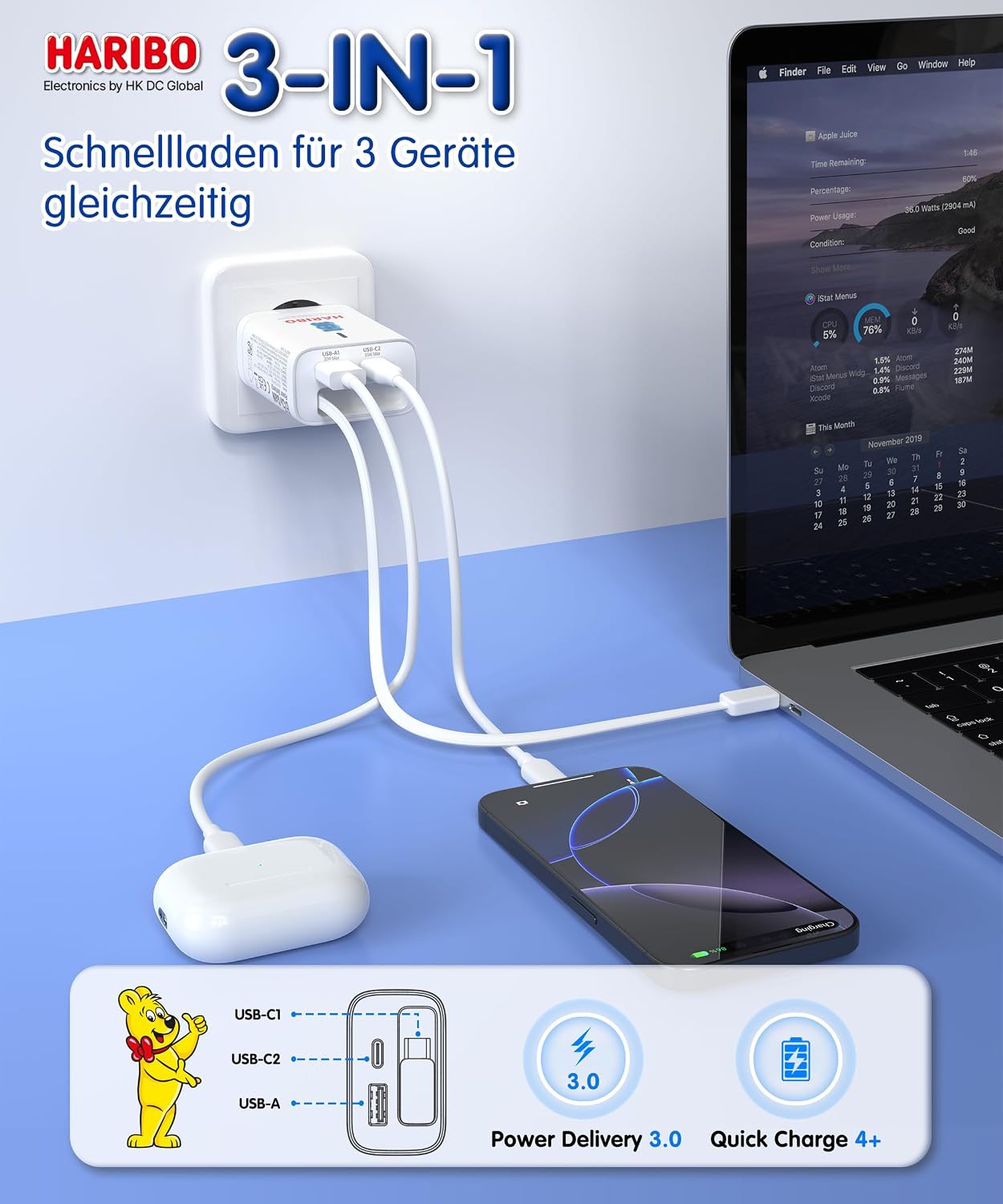 Detalle de HARIBO 65W USB-C Ladegerät mit 85 cm Einziehbarem Kabel – 3-Port GaN Netzteil PD QC PPS