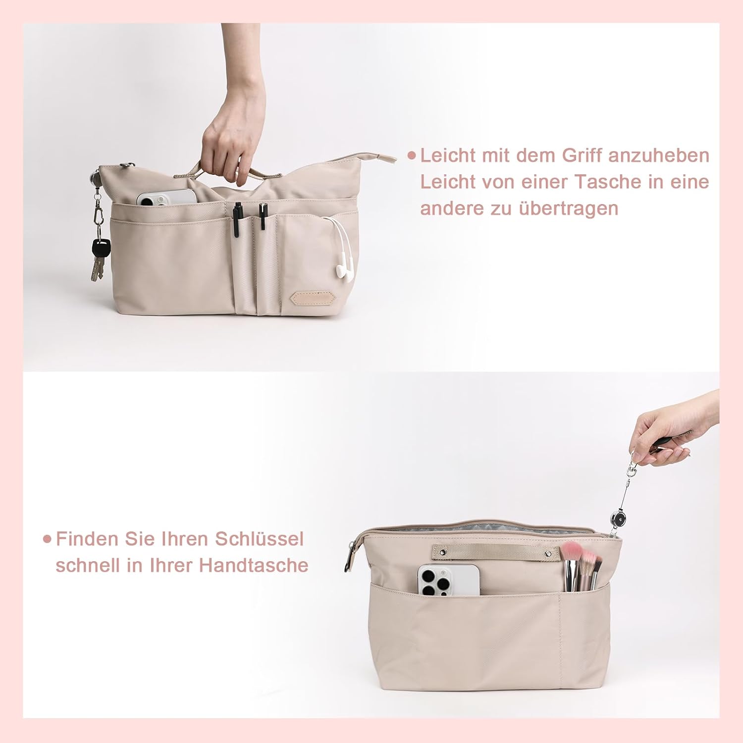 Detalle de Taschen Organizer für Longchamp Le Pliage L – Polyester, wasserdicht, mit Schlüsselbund und 15 Fächern (Beige, groß)
