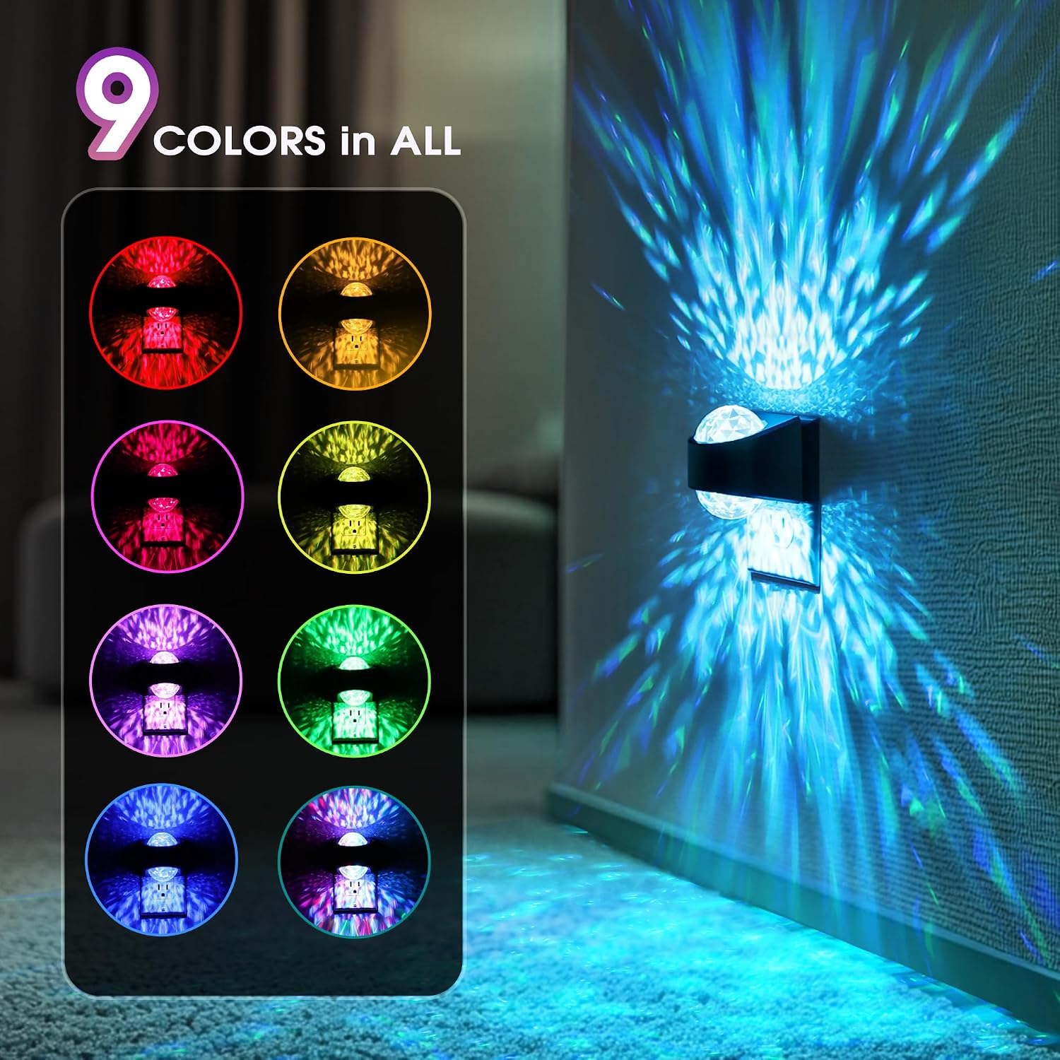 Detalle de Briignite IP207 Star Projector Night Light, 9-Color RGB, Dusk-to-Dawn Sensor