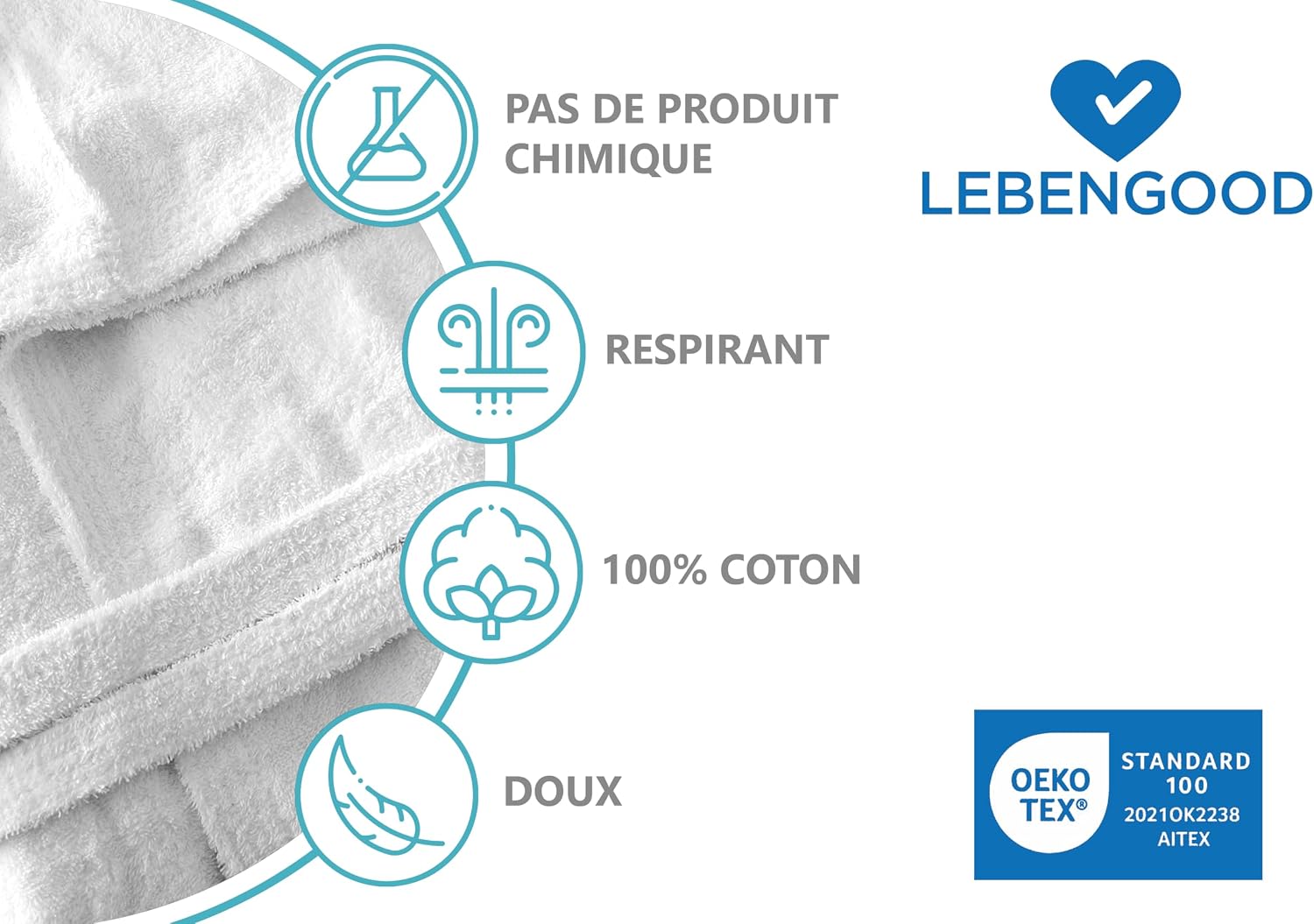 Detalle 2 de LEBENGOOD Peignoir de bain à capuche 100% coton éponge 400 g avec ceinture, poches