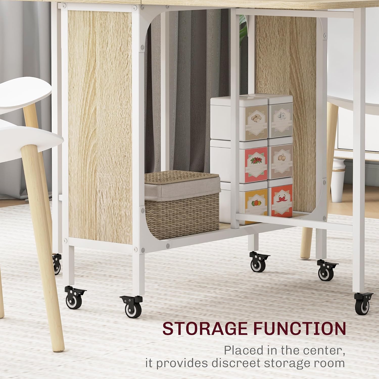Detalle 1 de HOMCOM 835-789V00ND Folding Dining Table, Drop-Leaf, 6 Wheels and Storage Shelf