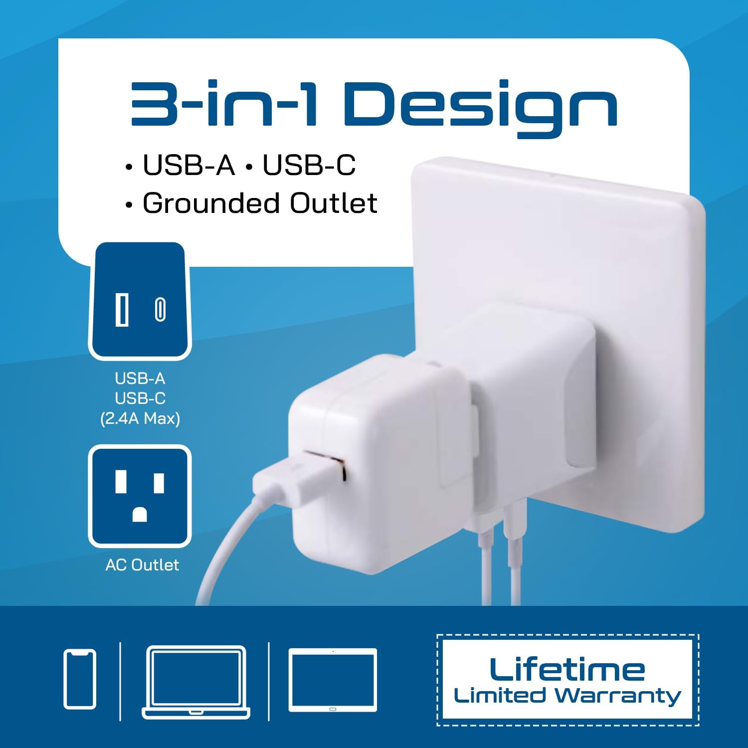 Detalle de Ceptics CTU-6: Japan/Philippines Travel Adapter with USB-A + USB-C (Ultra Compact)