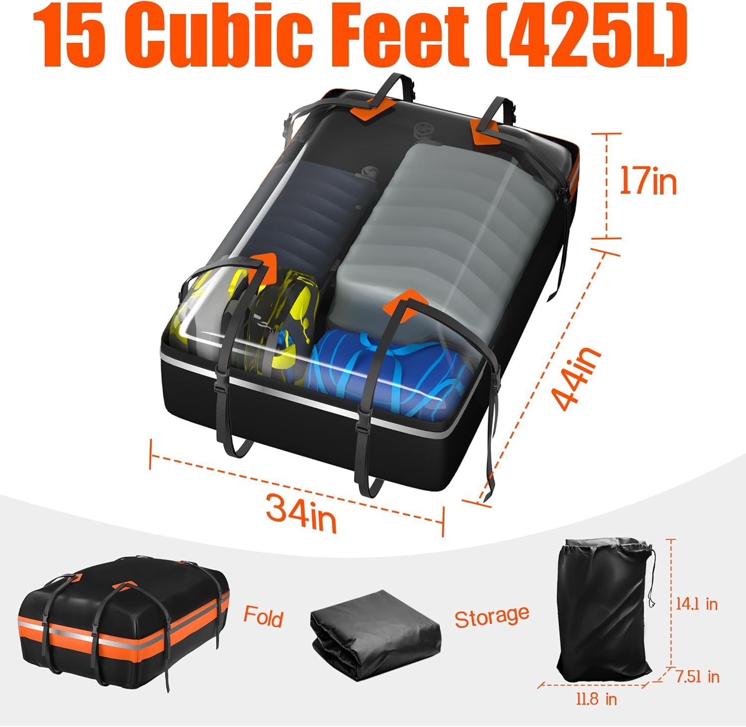 Detalle 2 de Signstek Car Roof Cargo Bag: 1000D PVC Waterproof, 15 cu ft with 8 reinforced straps