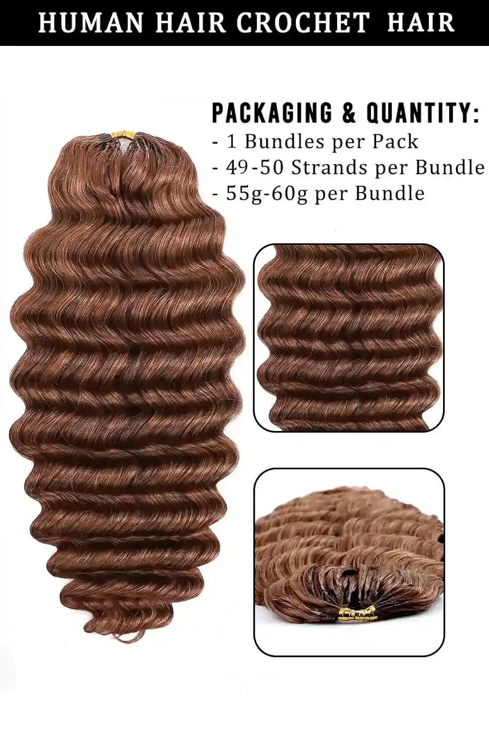 Thumbnail 4 de Limited Beauty Auburn Ginger Deep Wave Crochet Human Hair Extensions (2 Packs, 120g) - 20inch, Knotless, Burmese Curl