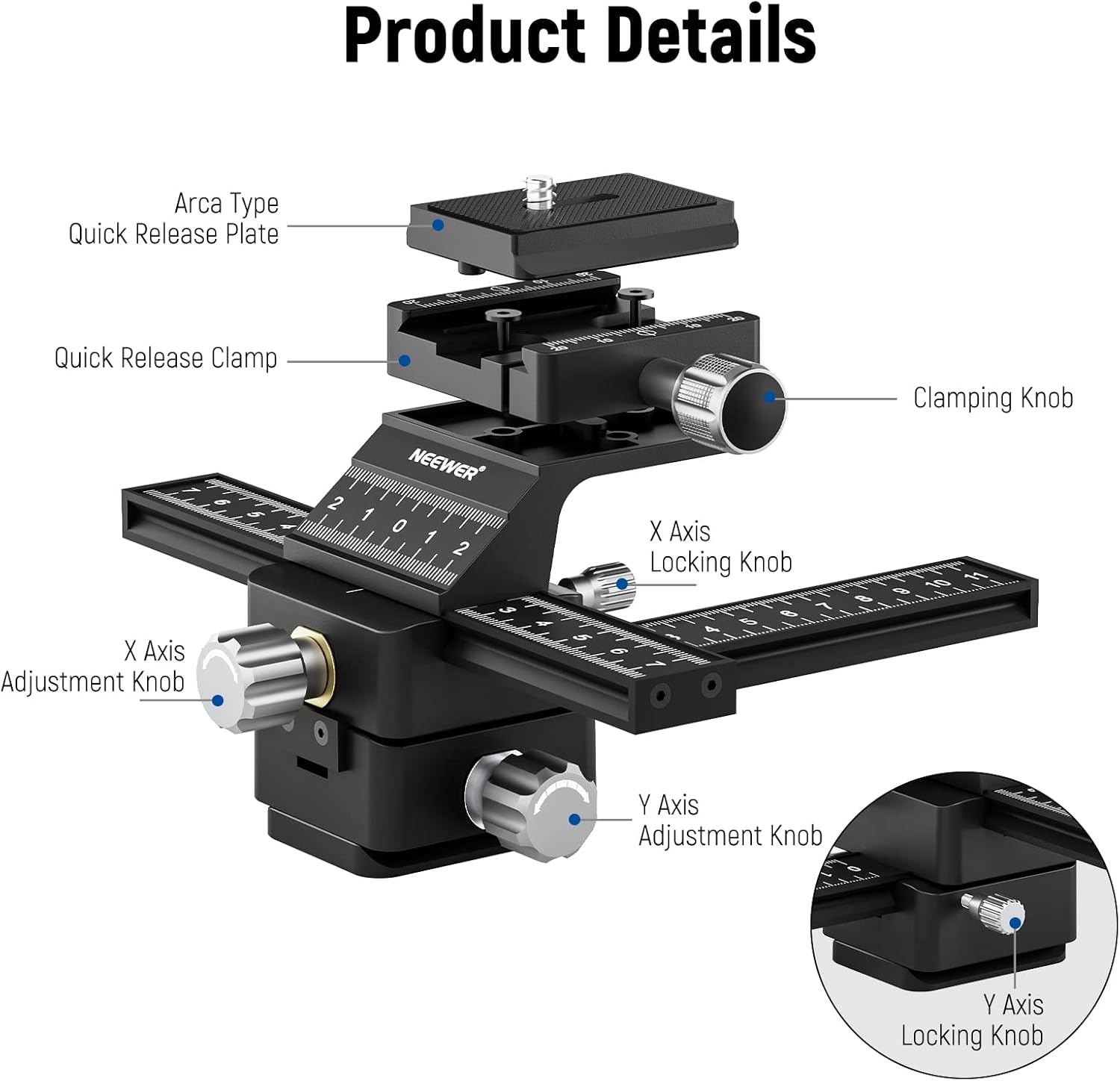 Thumbnail 1 de NEEWER 4-Way Macro Focusing Rail with Quick Release Plate (Arca type, 1/4 inch thread) for DSLR & mirrorless