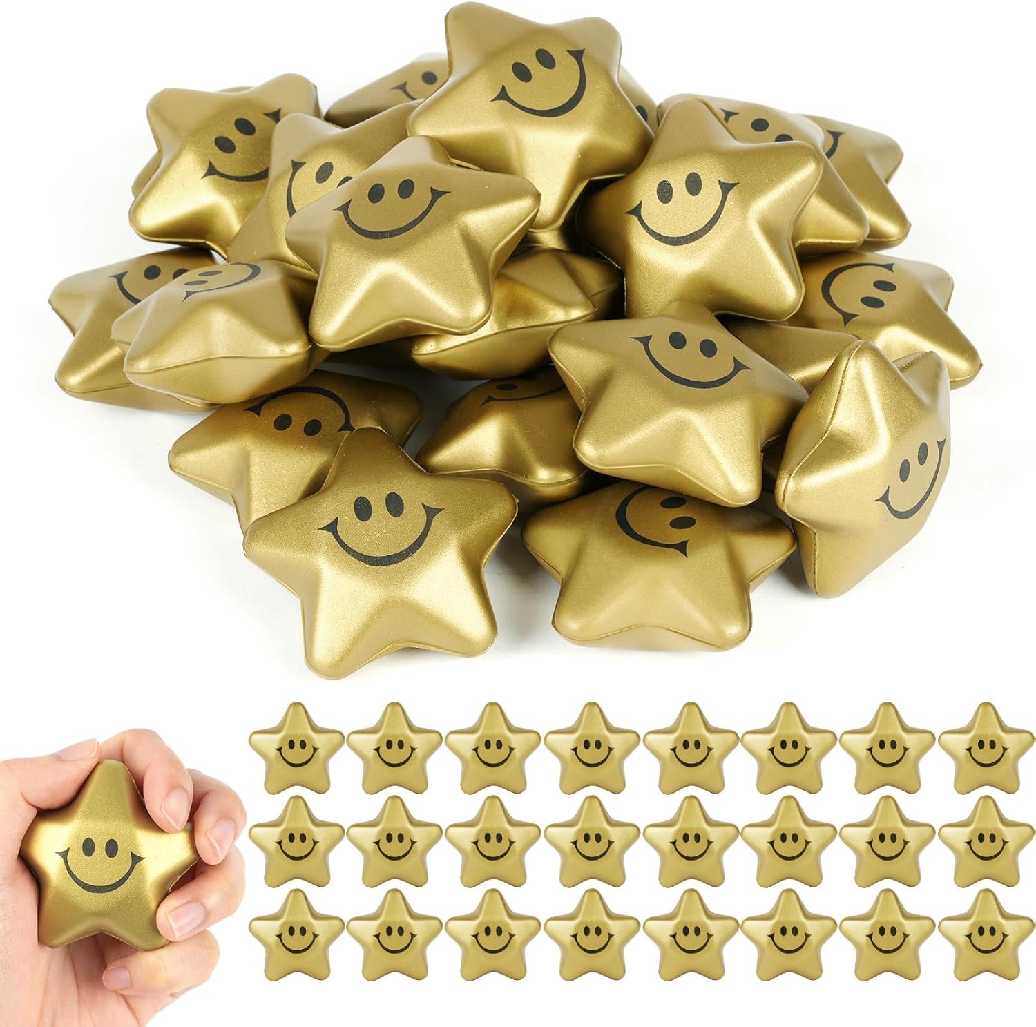 Thumbnail 6 de Ainiv 24 Stück Stern-Stressbälle Schlüsselanhänger – bunte Schneeflocken aus PU-Schaum mit Smiley