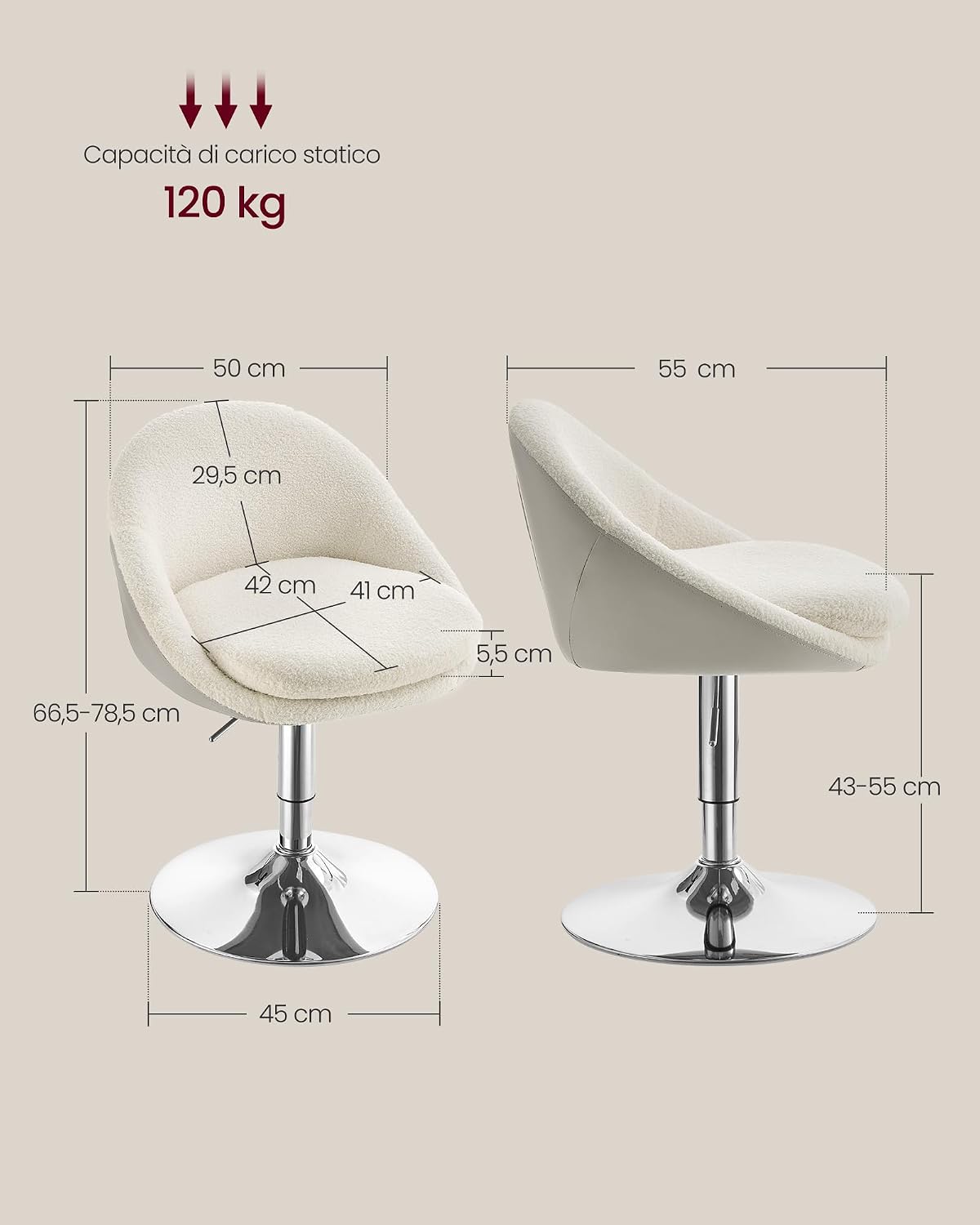 Detalle de VASAGLE LJB100W01 Sgabello regolabile 45 cm