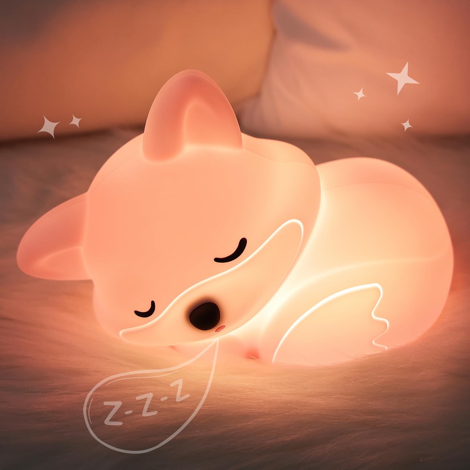 Detalle de Okayera Fox Lampe: Rosa Silikon-Fuchs-Nachtlicht mit Timer und Wiederaufladbar