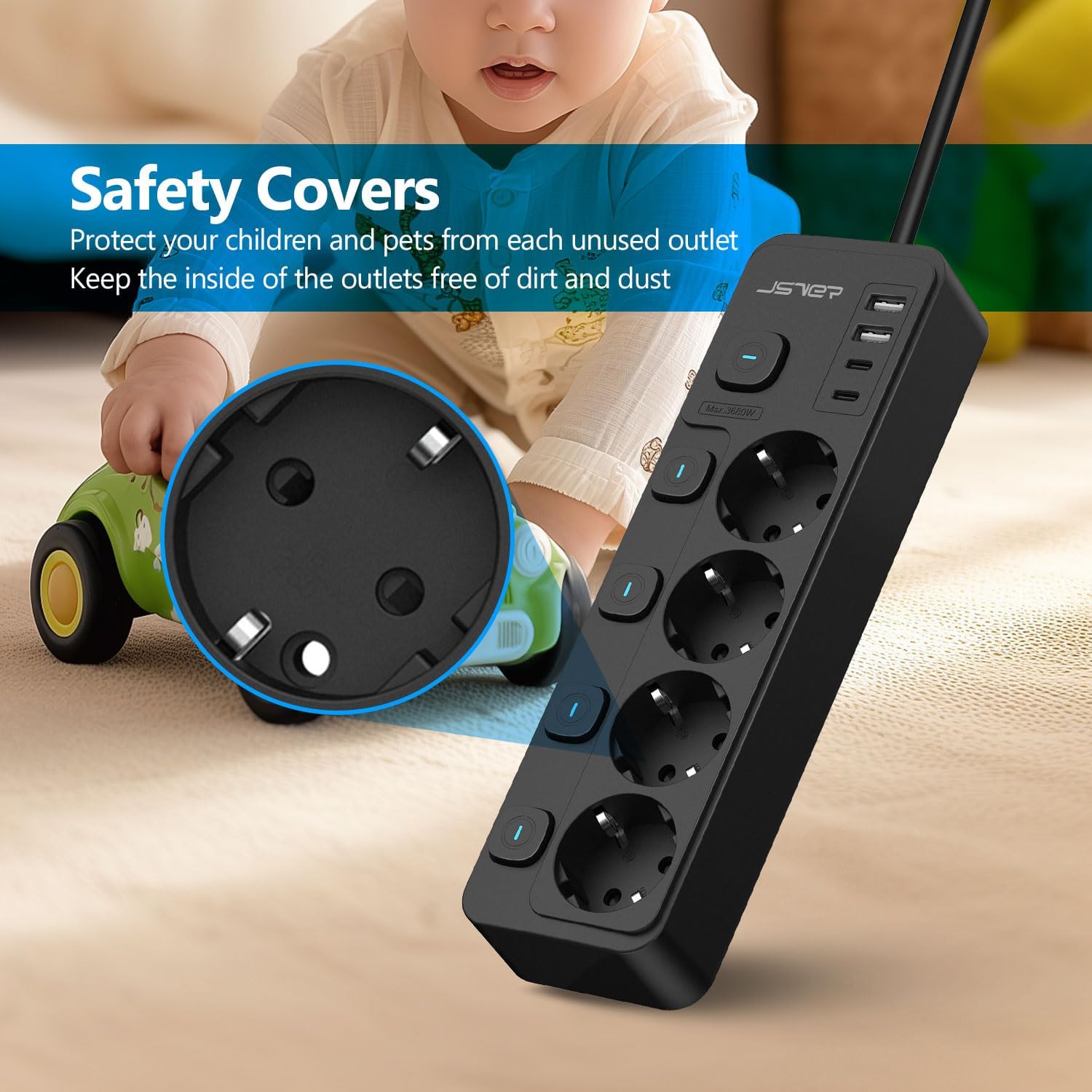 Thumbnail 5 de JSVER Multiprise USB avec interrupteurs individuels, 4 prises CA et 2 USB-A (2 ports USB-C) noire