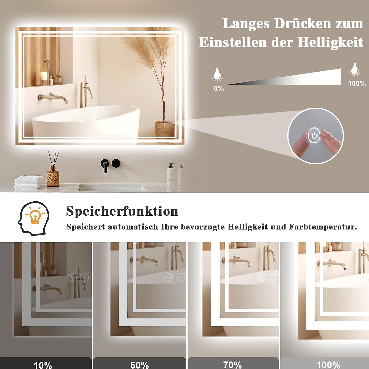 Detalle 2 de Badspiegel mit Beleuchtung 50x70cm – LED Spiegel inkl. Antibeschlag, Touch & Dimmbarkeit