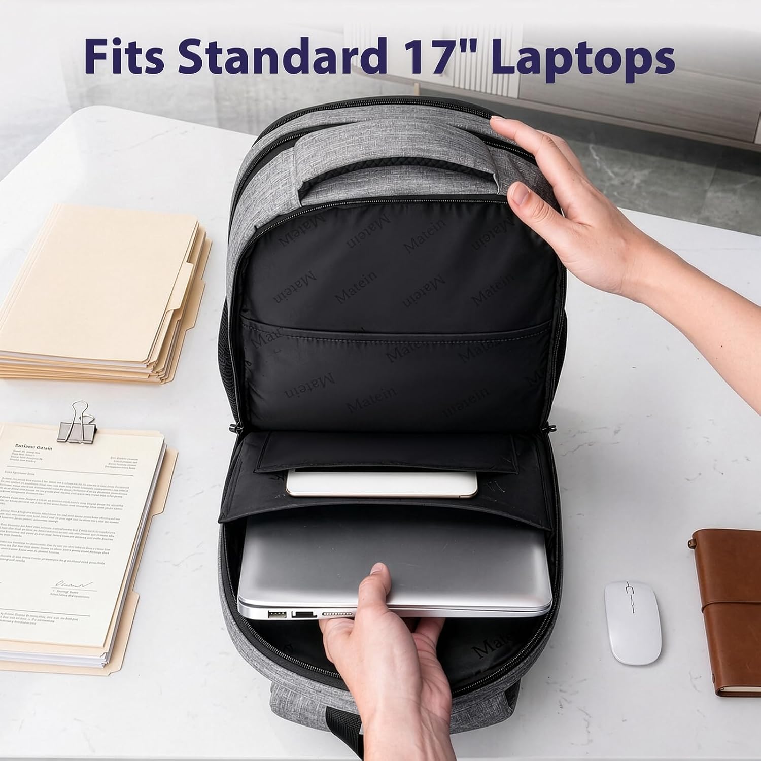 Detalle 2 de MATEIN Zaino Porta PC 17 pollici con porta USB e TSA-friendly grigio