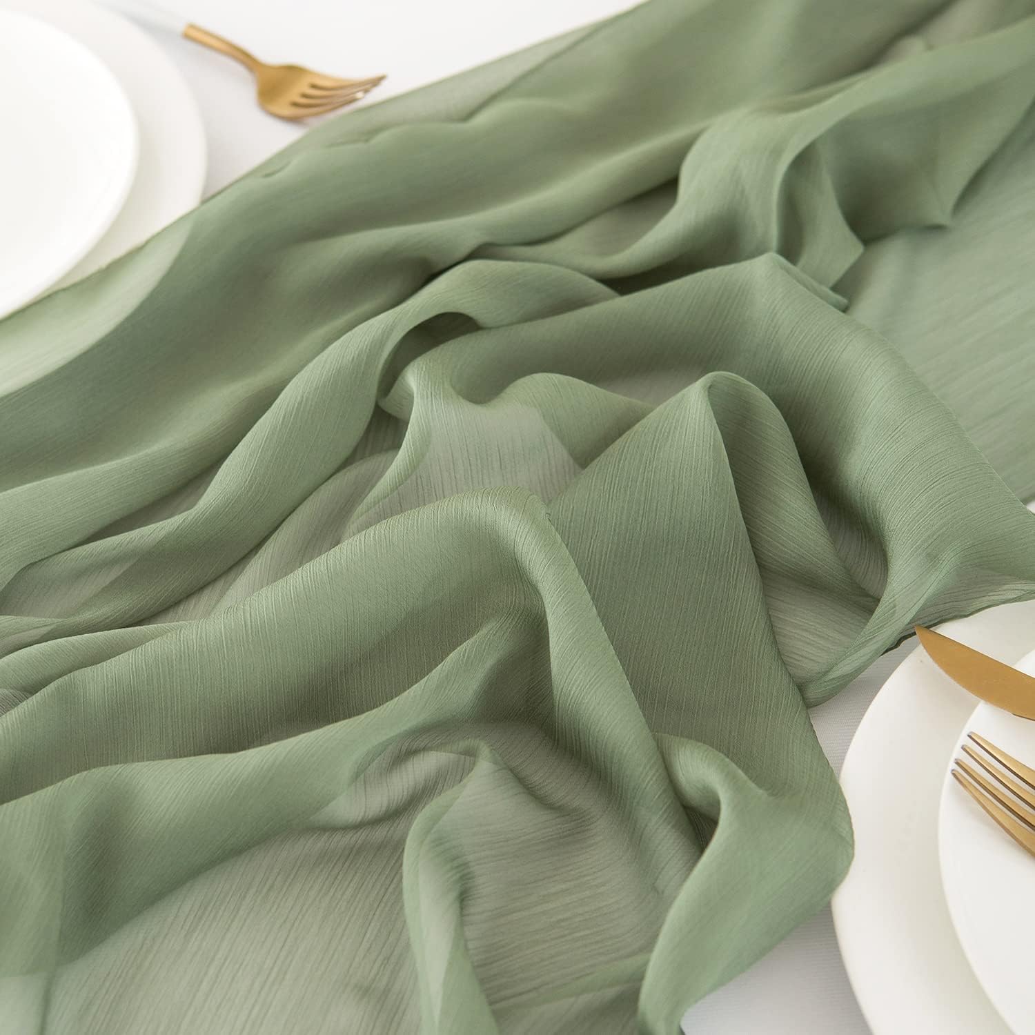Detalle 2 de CHUQING Tischläufer Grün Chiffon – 70 × 300 cm, Salbeigrün/Hellgrün