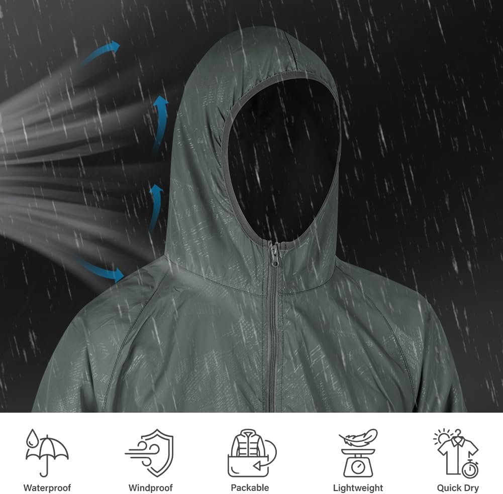 Detalle de BSBUY Regenjacke Faltbar Wasserdichte, Sonnenschutzmantel – Leichte Allwetter-Jacke für Outdoor, Grau, M-XL