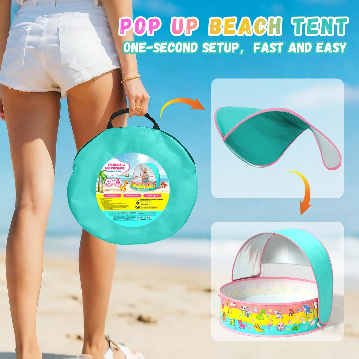 Detalle 2 de Baby Paddling Pool with Sun Shade UPF50+ 4-in-1 Pop-Up Beach Tent