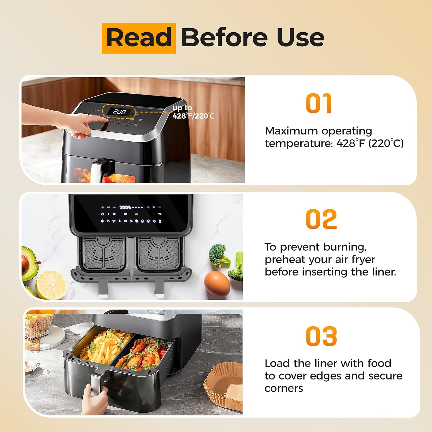 Detalle de vailnd V-200-RE8 Disposable Air Fryer Liners, 200 Rectangle Sheets