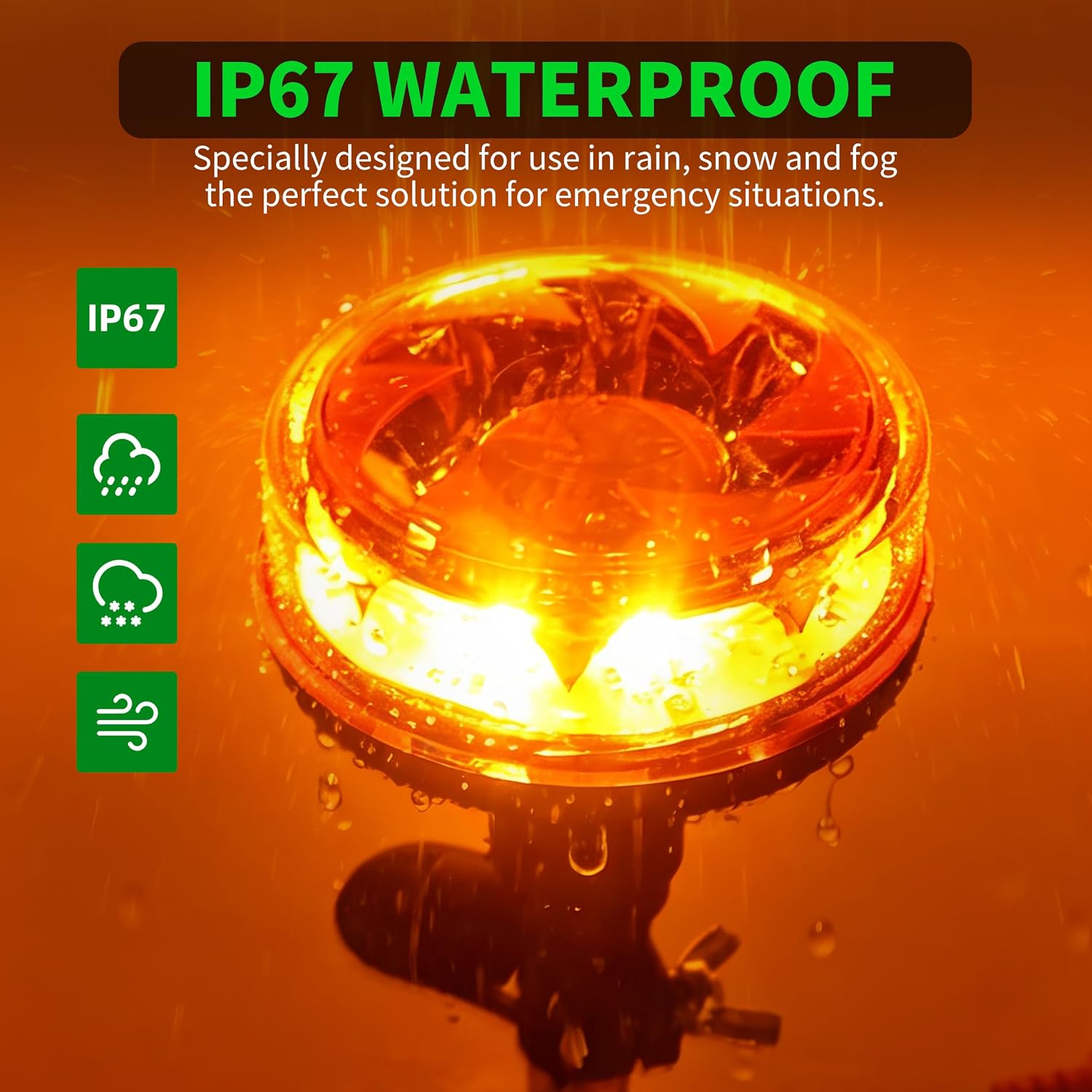 Detalle 2 de Yuanjoy LED Beacon Light Orange Warning Light 12V-24V DC — 6 Flash Patterns, IP67, 360° Coverage