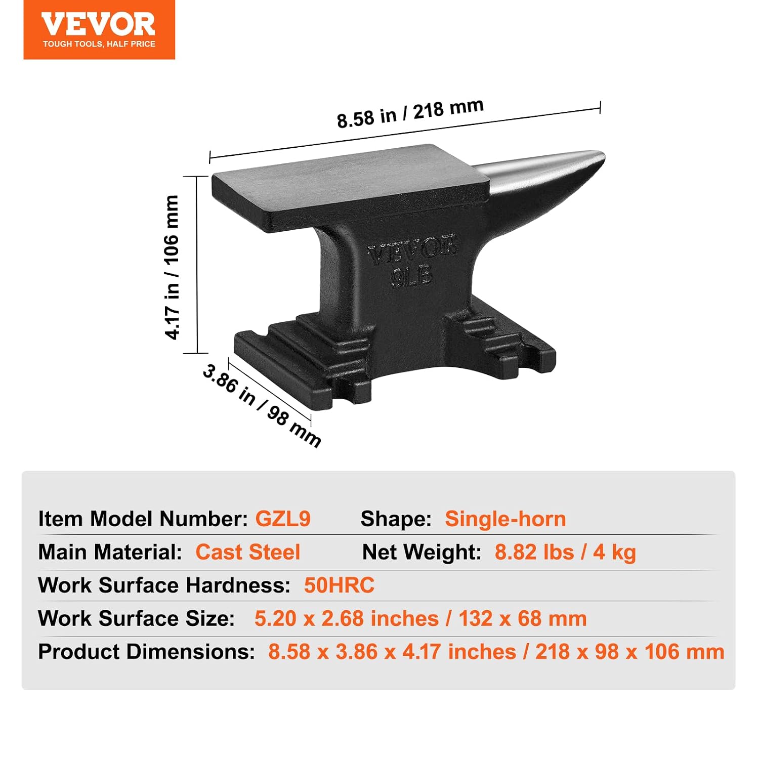 Thumbnail 6 de VEVOR Enclume de forgeron 4 kg, bigorne à corne ronde (acier moulé) 132 x 68 mm, 50 HRC