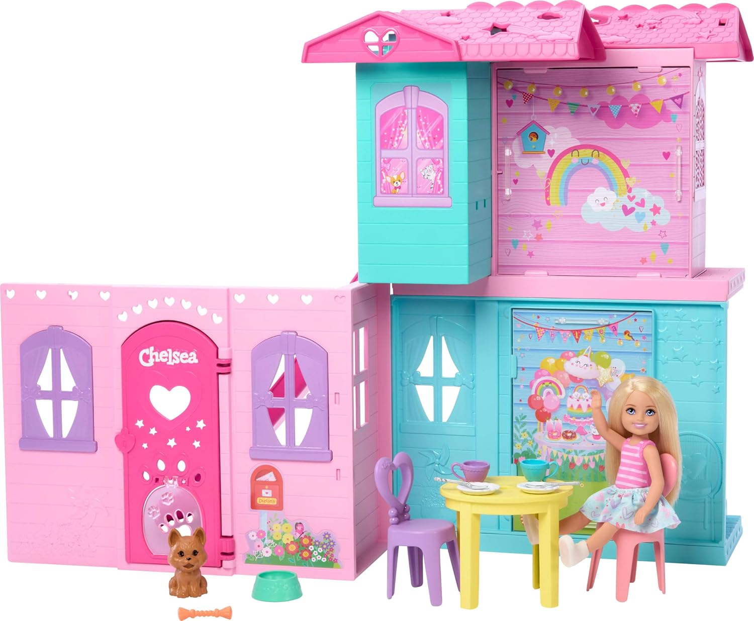 Thumbnail 4 de Barbie Chelsea Pop-up-poppenhuis: openklapbaar, met pop, hond en 5+ speelzones