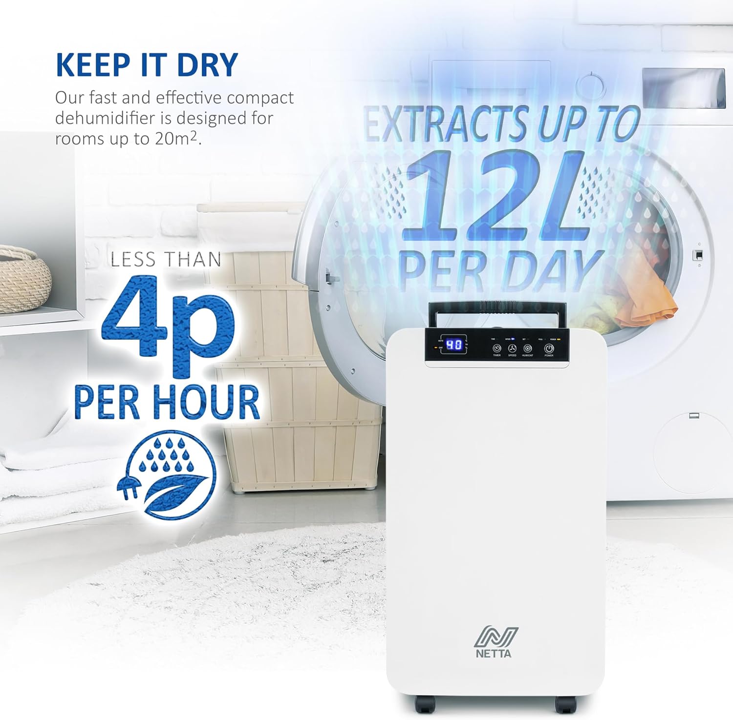 Thumbnail 1 de NETTA 12L/day Low Energy Dehumidifier with Digital Control, Continuous Drain & Auto Restart
