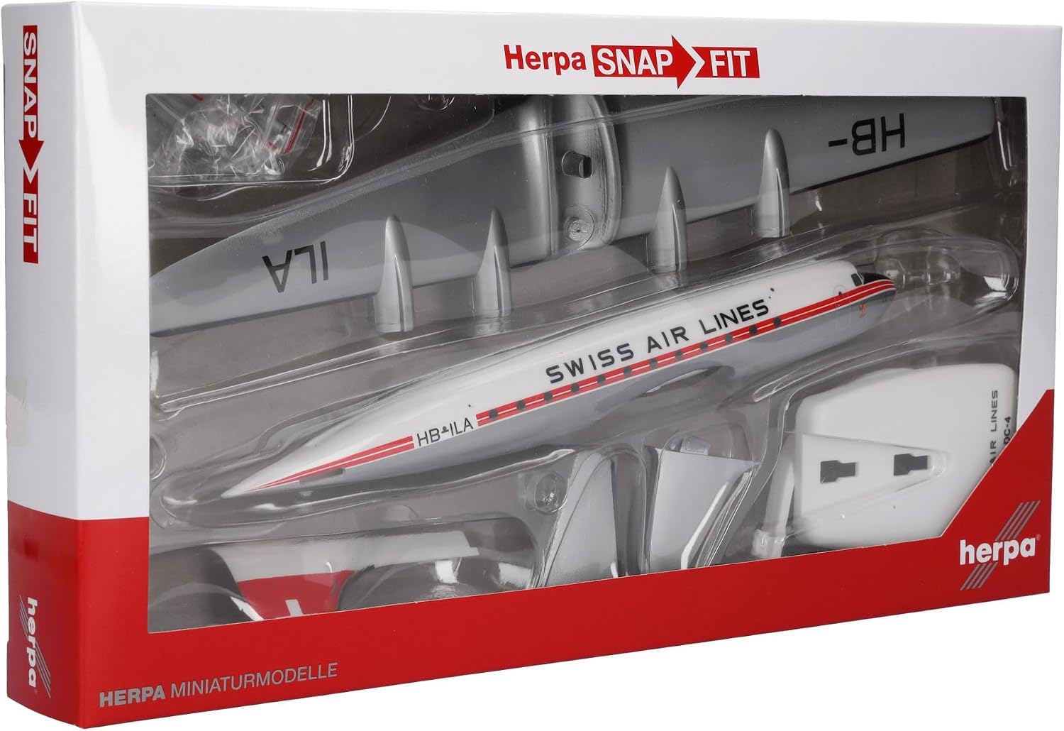 Detalle 2 de Herpa Swissair Douglas DC-4 – model samolotu SnapFit 1:125 z podstawką