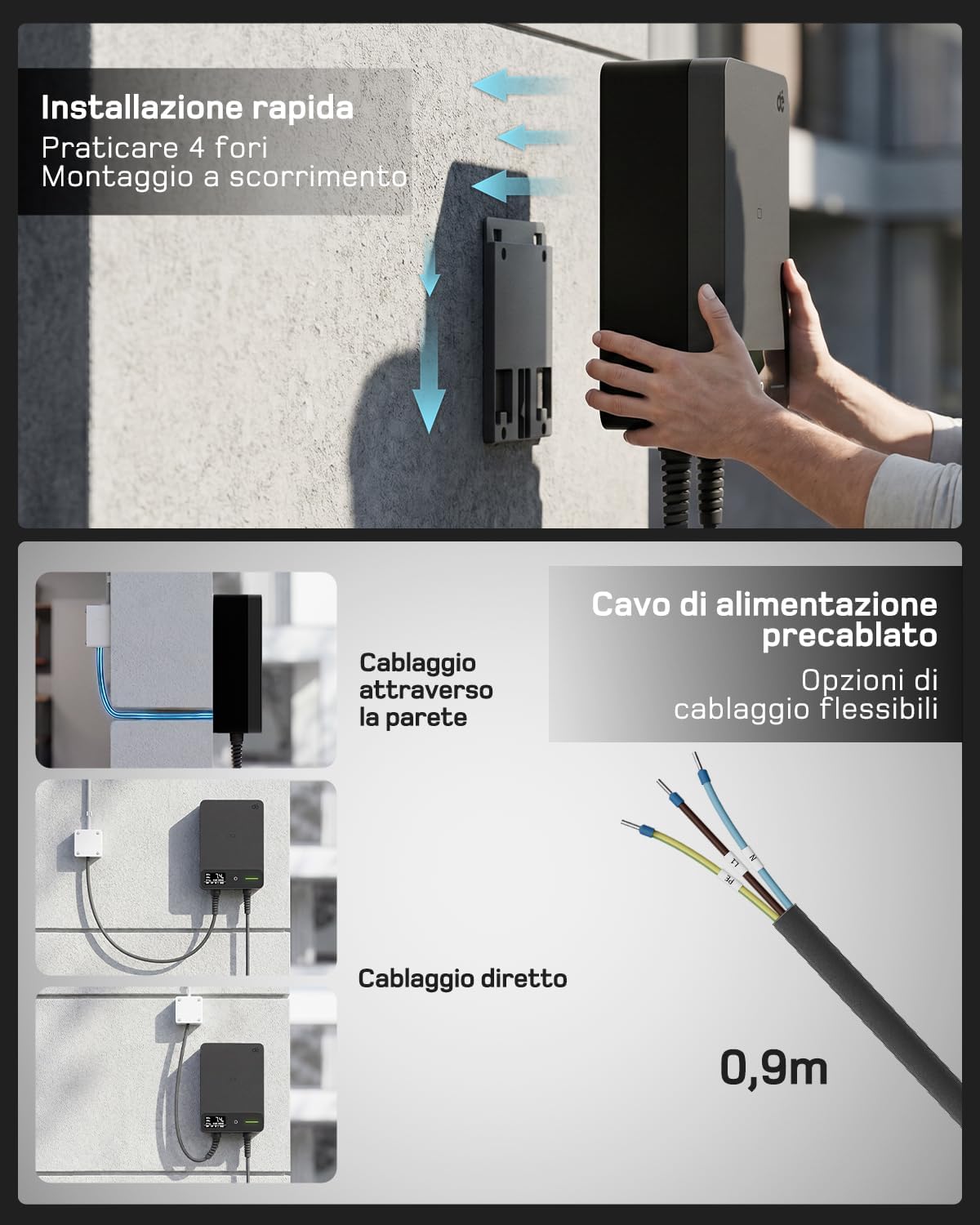 Detalle 2 de Dé Wallbox 7,4 kW Tipo 2 con App e Cavo 10 m: ricarica domestica monofase affidabile
