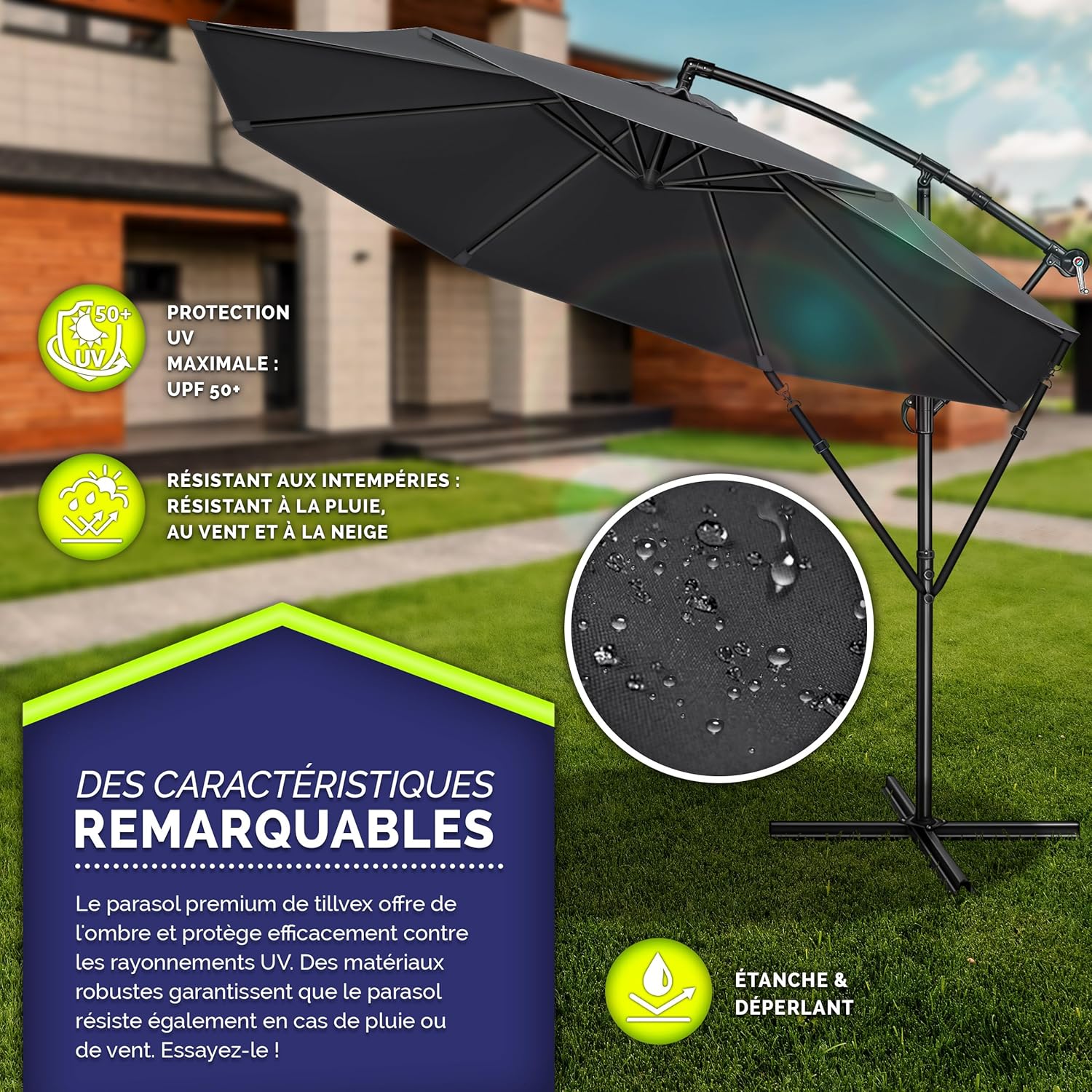 Thumbnail 1 de Tillvex Parasol déporté hexagonal 3 m avec manivelle et pied robuste – protection UV et déperlance