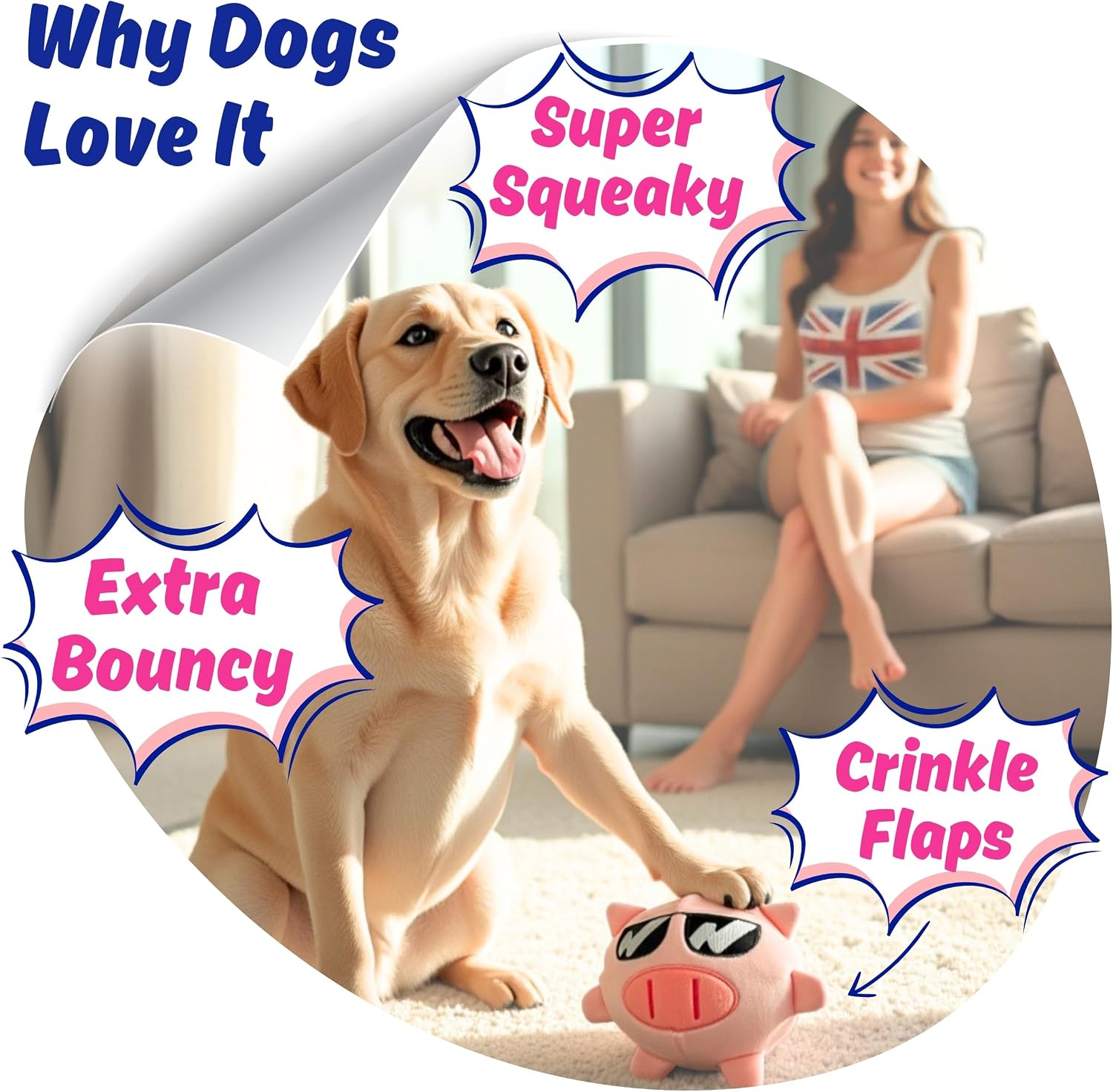 Detalle de PeppyPawz Piggy 3-in-1 Plush Dog Chew Toy – Durable Squeaky Toy with No Stuffing