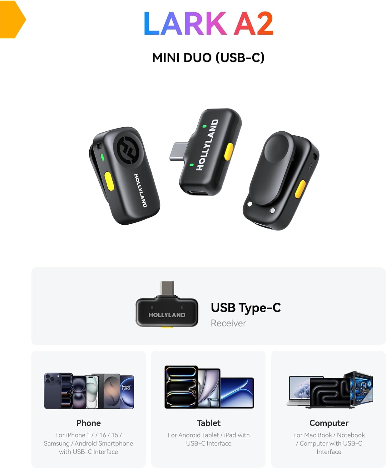 Detalle 2 de Hollyland Lark A1 (2TX + USB-C RX): Reliable Wireless Mic for iPhone & Android