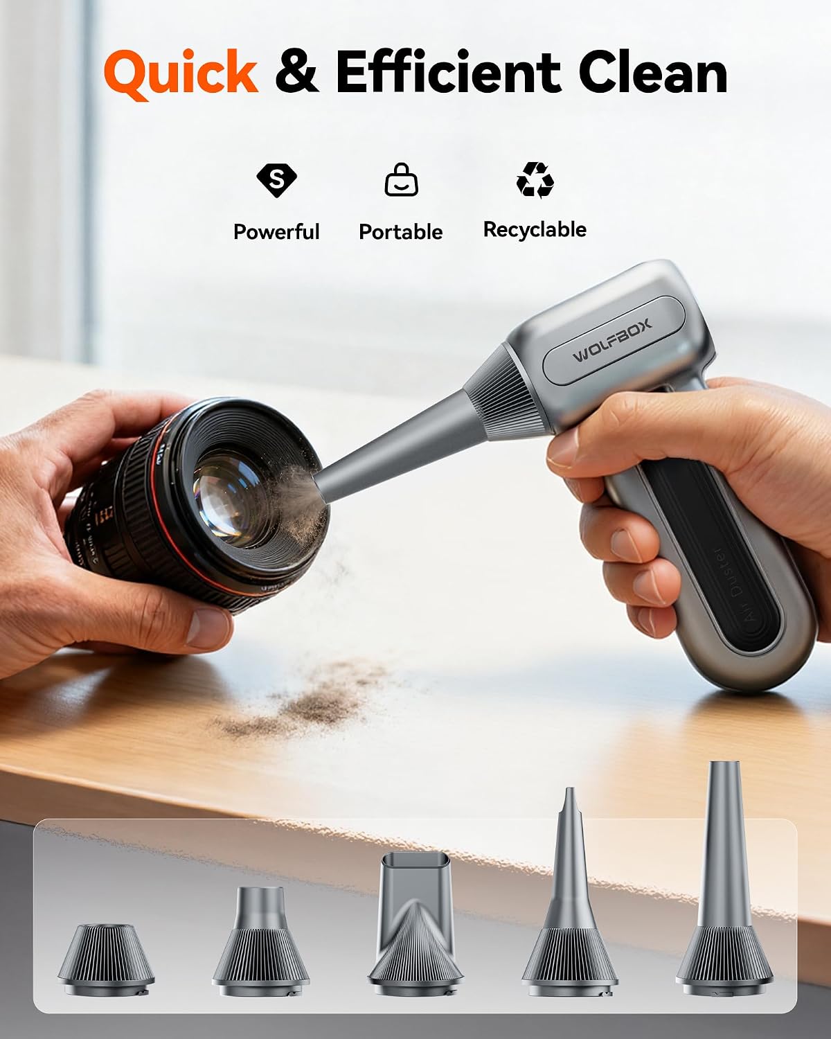 Detalle de WOLFBOX MF70 Compressed Air Duster – 110000RPM, Extended Run Time Edition