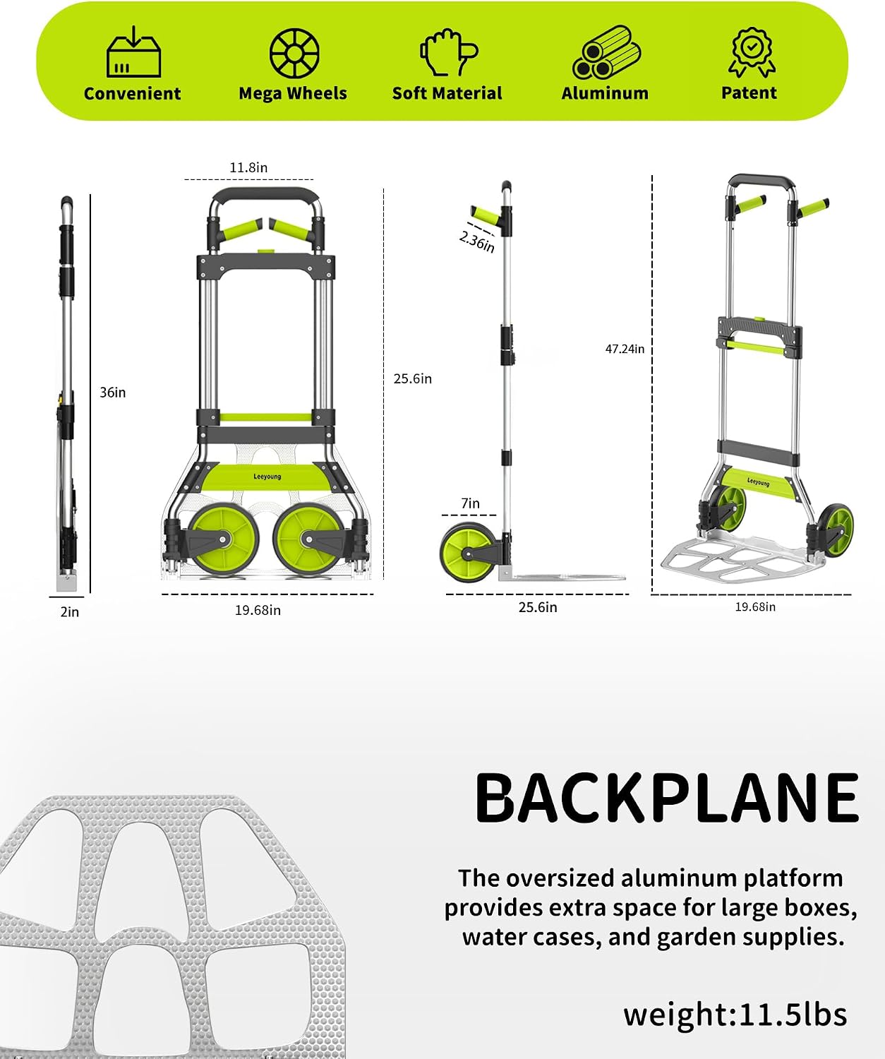 Detalle 2 de Leeyoung Folding Hand Truck and Dolly, 309 lb Capacity, Aluminum, 47.2-Inch Handle