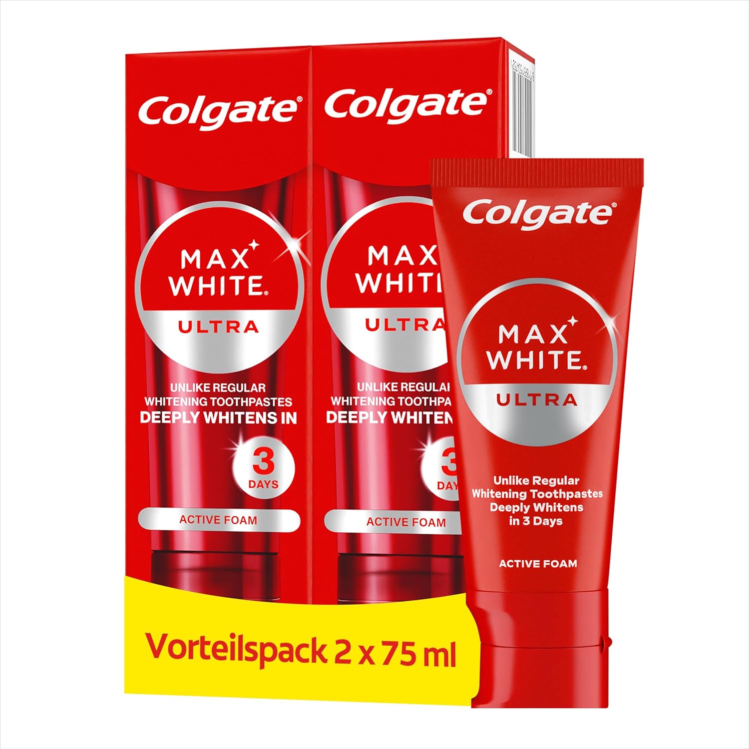 Detalle de Colgate Max White Ultra Active Foam Zahnpasta 2x75 ml – Weißere Zähne in 3 Tagen (Kollektion)