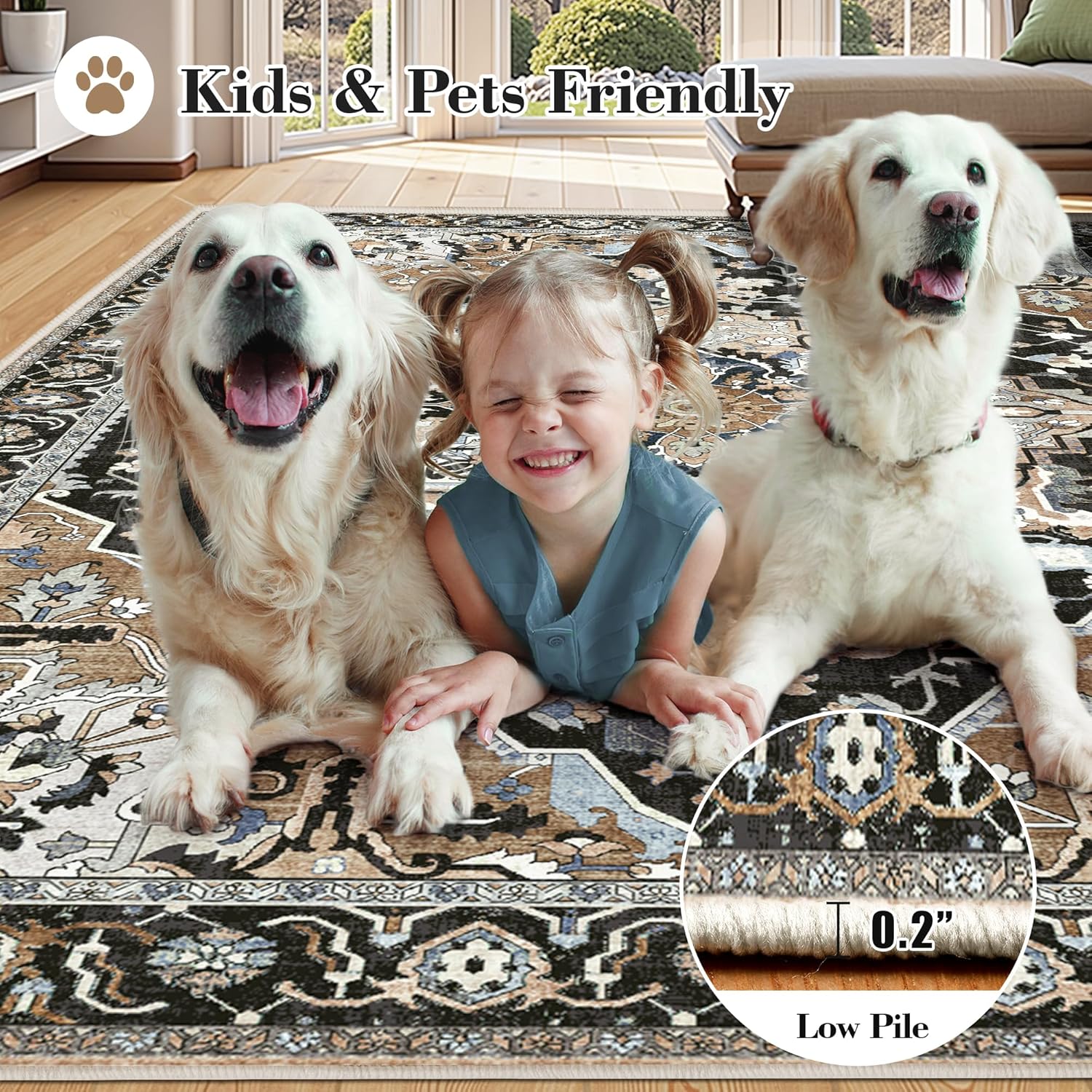 Detalle 1 de Deerly 6' x 9' Washable Area Rug, Low Pile, TPE Backing, Black/Multi